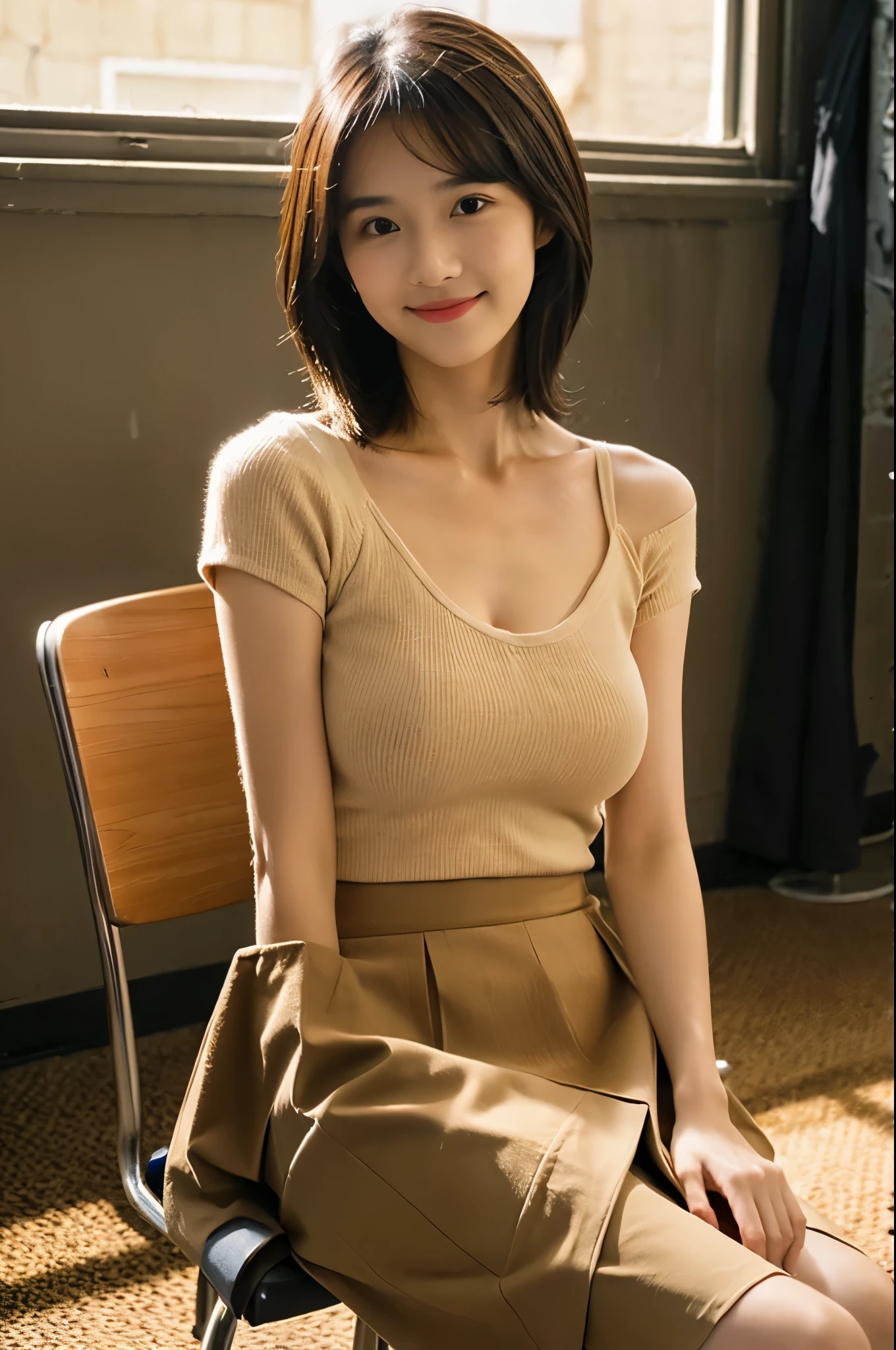 (8K、Raw photography、top-quality、​masterpiece:1.2)、high-definition RAW color photography、professional photograpy、(realisitic、photoRealstic:1.2)、1girl in、18year old、​masterpiece、realisitic、Happy smiling face、A charming smile、seducting smile、(cleavage of the breast:1.2)、(Cute shoulder off and mini skirt clothes:1.5)、Beautiful fece、Very cute、cute little、Women in Japan、female idol、round big eyes、small nostrils、Thin makeup、large round eyes、Narrow waist、 (A glimpse of panties:1.4)、Very small white panties、panties on、(panties under the skirt:1.5)、sitting in the couch、full body Esbian、taken from the under、Soft light、non nsfw、((dynamicposes)))、(camel's toe)、(half)、(panthyhose)、(Sitting on legs bending the knees))