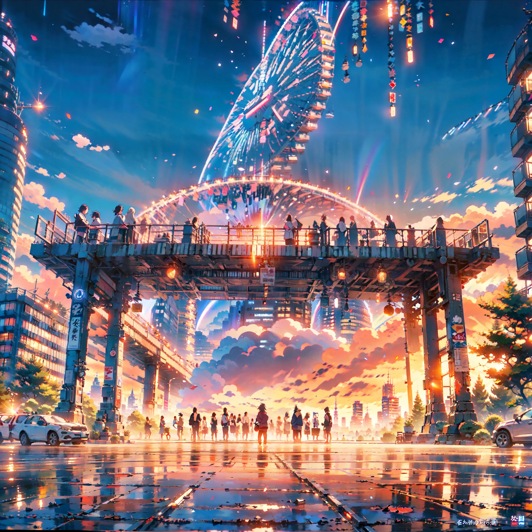 
Create a breathtaking anime-style cityscape reminiscent of Makoto Shinkai's artwork. The scene is set in a bustling Japanese city during twilight, where the sky is painted with hues of deep blue and orange as the sun sets. The city's skyline is filled with towering skyscrapers, each with illuminated windows that reflect the fading sunlight, creating a mesmerizing glow.

In the foreground, a busy street is filled with people, cars, and bicycles, capturing the lively urban atmosphere. Neon signs and billboards in Japanese script light up the buildings, adding vibrant pops of color. A train on an elevated track passes through the scene, its lights creating a streaking effect that adds a dynamic element.

Detailed attention should be given to reflections and light play, capturing the soft glow of streetlights, the reflections in puddles on the pavement, and the subtle lighting in shop windows. The perspective should be cinematic, perhaps from a slight high-angle view, showcasing the depth and expanse of the city. The overall mood should be a mix of awe and tranquility, highlighting the beauty of everyday urban life as seen through the lens of Makoto Shinkai.

