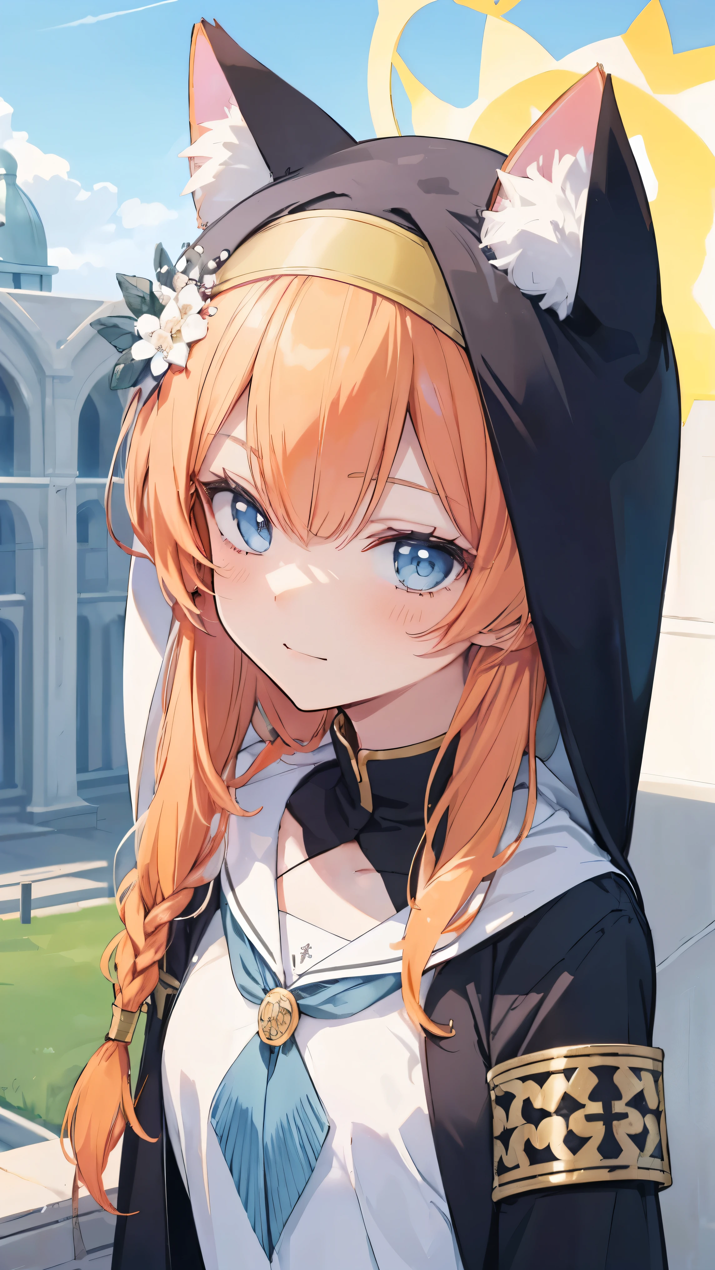 Marie、masterpiece、Best image quality、最high quality、girl (smile, Perfect Face), independent , Looking into the camera, masterpiece, Anime art style, Cute Characters, Most detailed, high quality、Shiny Hair、Very fine and beautiful bright eyes、Very detailed, clear and beautiful face, Awards, (((Anatomically correct)))、Cat ear、Orange Hair、Lolita、Small breasts、uniform、Hooded、church