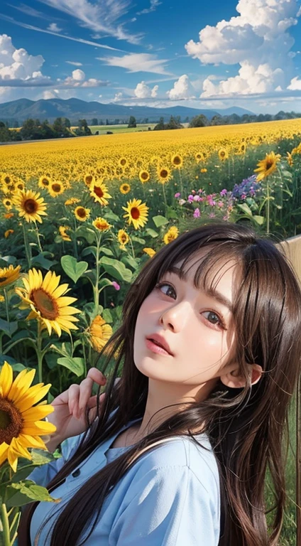(Pencil drawing of physical education:1.4), Flowers and blue sky、Autumn sky and beautiful cosmos flowers、Landscape photo of a vast sunflower field、(View of the sky and wilderness from below)、Girl looking up at the blue sky、Draw a big picture of the sky、Tabletop、highest quality