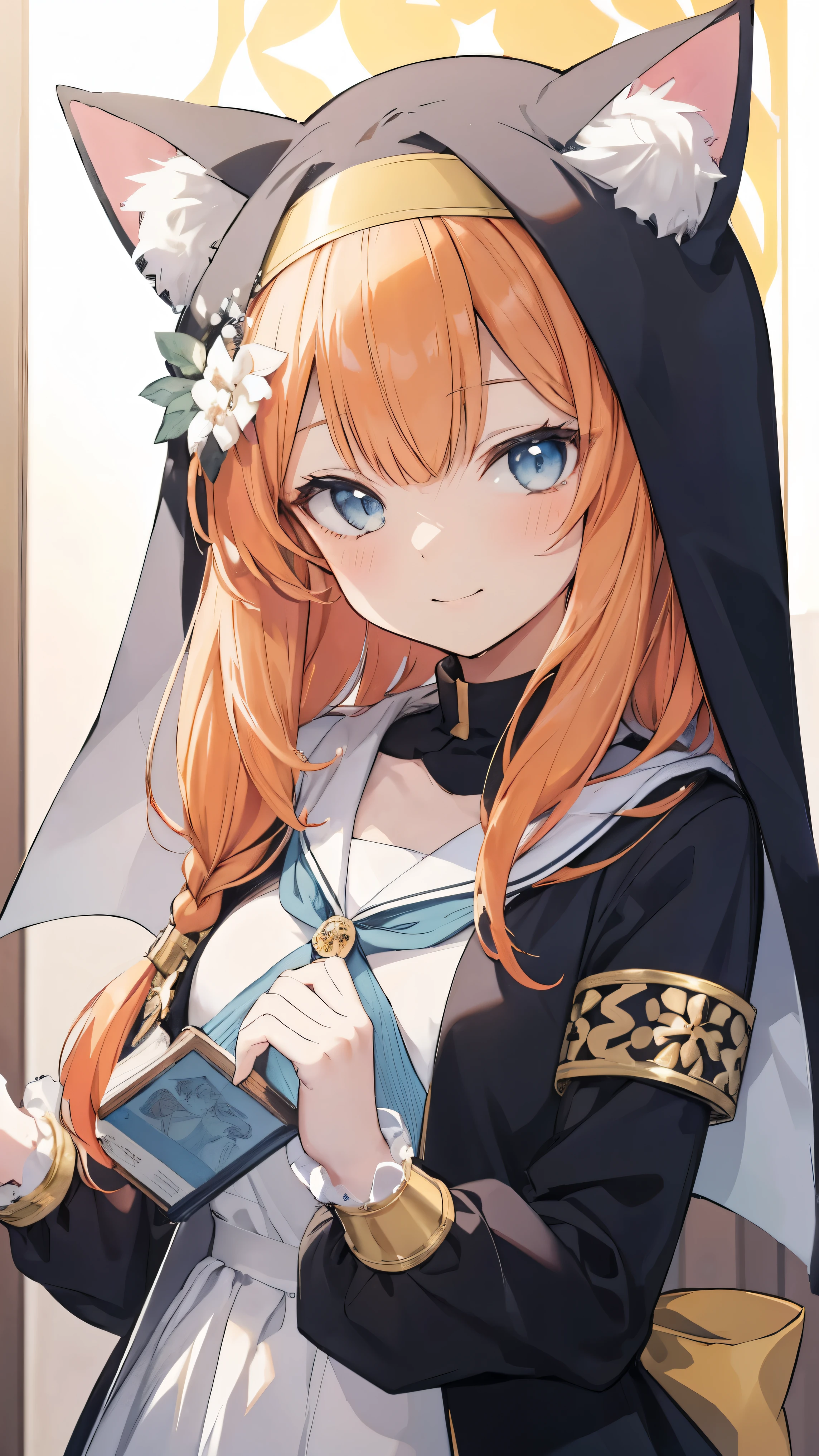Marie、masterpiece、Best image quality、最high quality、girl (smile, Perfect Face), independent , Looking into the camera, masterpiece, Anime art style, Cute Characters, Most detailed, high quality、Shiny Hair、Very fine and beautiful bright eyes、Very detailed, clear and beautiful face, Awards, (((Anatomically correct)))、Cat ear、Orange Hair、Lolita、Small breasts、uniform、Hooded、church