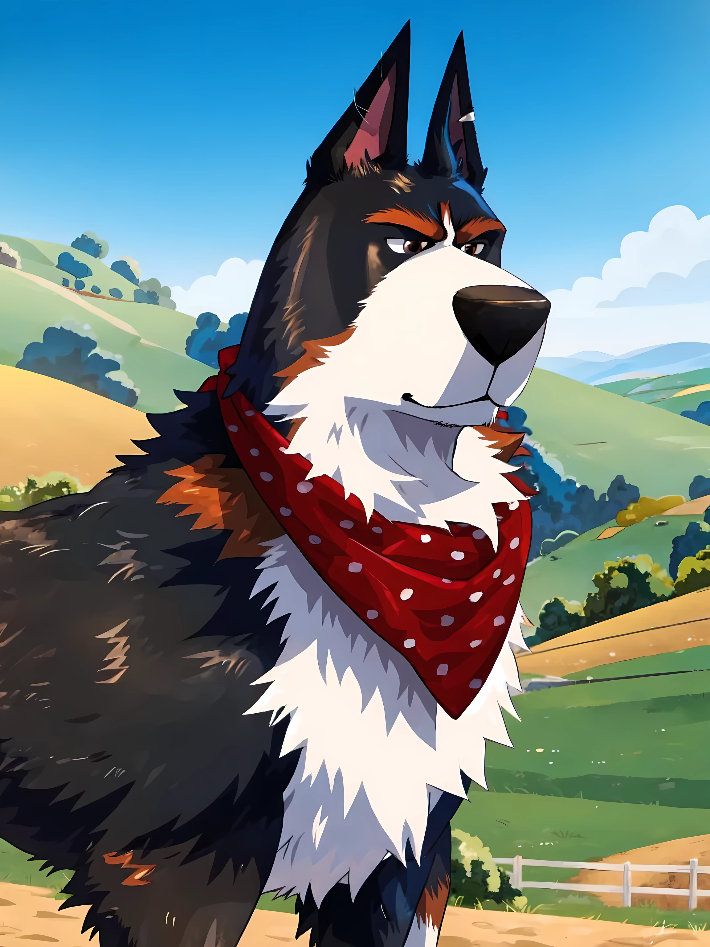 rooster the dog, masculine, male, quadruped, feral dog, very muscular:1.3, muscles:1.2, pectorals:1.2, muscular shoulders, muscular neck, wide chest, muscular chest, negger style, wfa style, countryside background, watercolors, red scarf, cel shading, full body, detailed eyes, high quality, high resolution, detailed,