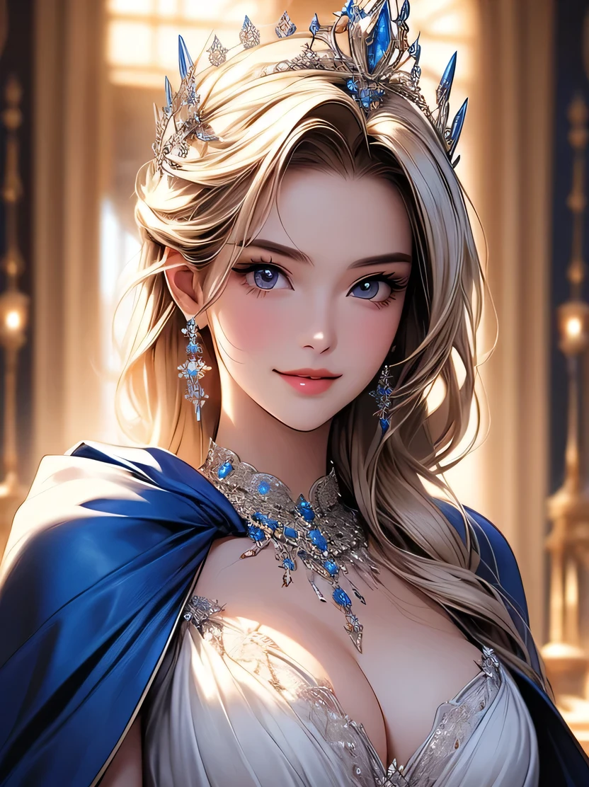 ((masterpiece、highest quality、Very detailed、High resolution、Photorealistic、Sharp focus、Cinema Lighting))、((One Woman、Mid Shot、Focus on the chest up、Face Light))、High contrast、blonde、Perfect Eyes、Perfect Iris、Perfect Lips、Perfect Teeth、Perfect Skin、(Big 、Attractive body)、crown、Luxurious royal blue cape、White fur、Gorgeous dress、gem、Smile radiance、Detailed hand drawing、View your viewers
