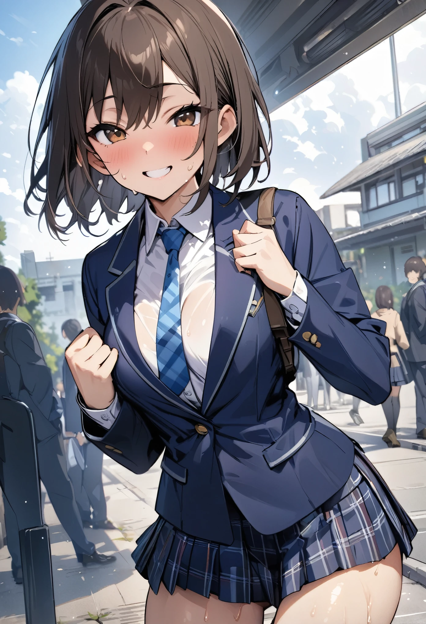 (((masterpiece, highest quality:1.2))),cowboy shot,16 year old beauty,solo,dark brown hair,short bob hair,brown eyes,blunt,skinny,medium breasts,shiny skin,oily skin,sweat,smile,  BREAK Wearing 、Navy blue blazer、Blue tie、Navy blue checkered pleated mini skirt、　BREAK   ,standing,School building、Daytime、