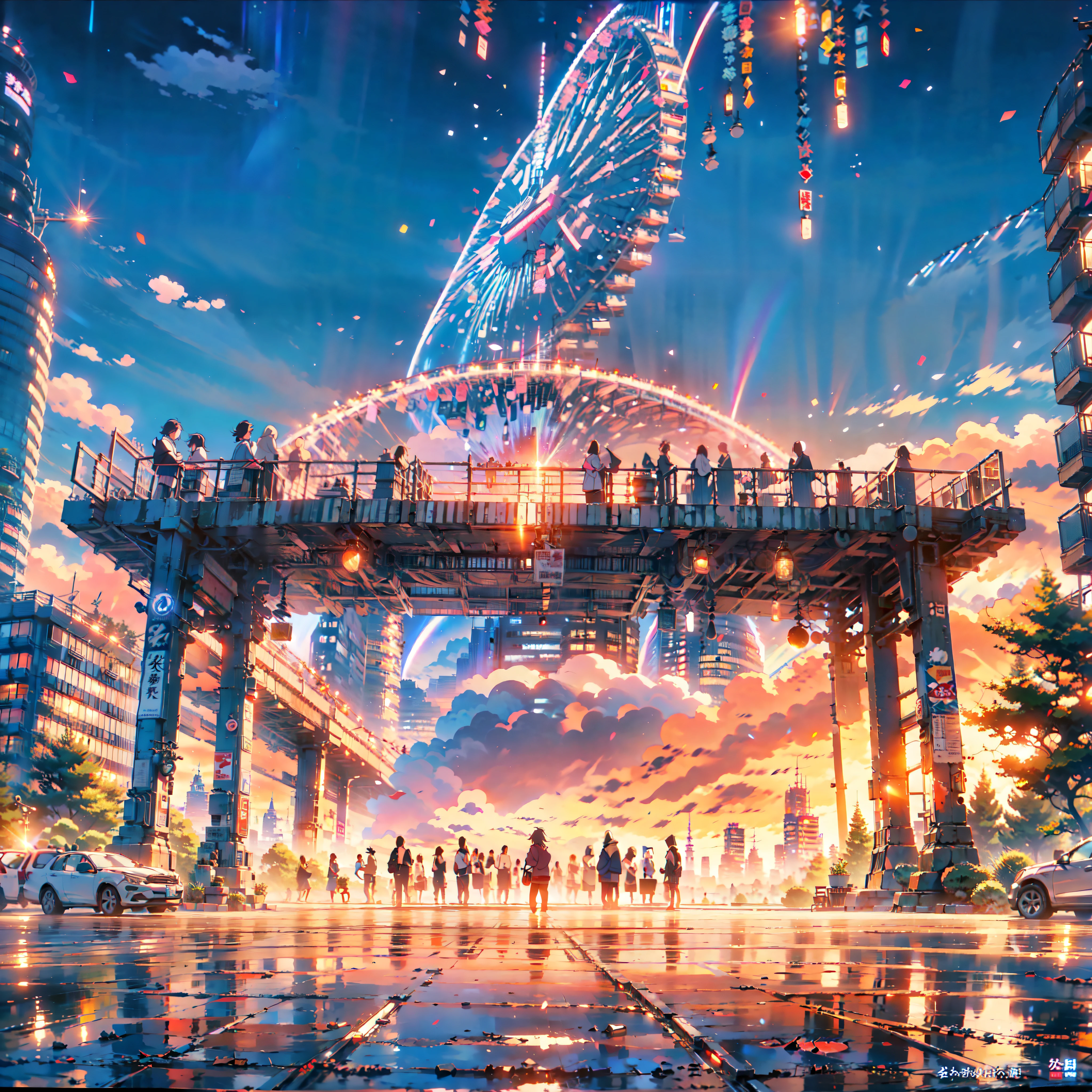 Create a breathtaking anime-style cityscape reminiscent of Makoto Shinkai's artwork. The scene is set in a bustling Japanese city during twilight, where the sky is painted with hues of deep blue and orange as the sun sets. The city's skyline is filled with towering skyscrapers, each with illuminated windows that reflect the fading sunlight, creating a mesmerizing glow.
In the foreground, a busy street is filled with people, cars, and bicycles, capturing the lively urban atmosphere. Neon signs and billboards in Japanese script light up the buildings, adding vibrant pops of color. A train on an elevated track passes through the scene, its lights creating a streaking effect that adds a dynamic element.
Detailed attention should be given to reflections and light play, capturing the soft glow of streetlights, the reflections in puddles on the pavement, and the subtle lighting in shop windows. The perspective should be cinematic, perhaps from a slight high-angle view, showcasing the depth and expanse of the city. The overall mood should be a mix of awe and tranquility, highlighting the beauty of everyday urban life as seen through the lens of Makoto Shinkai.