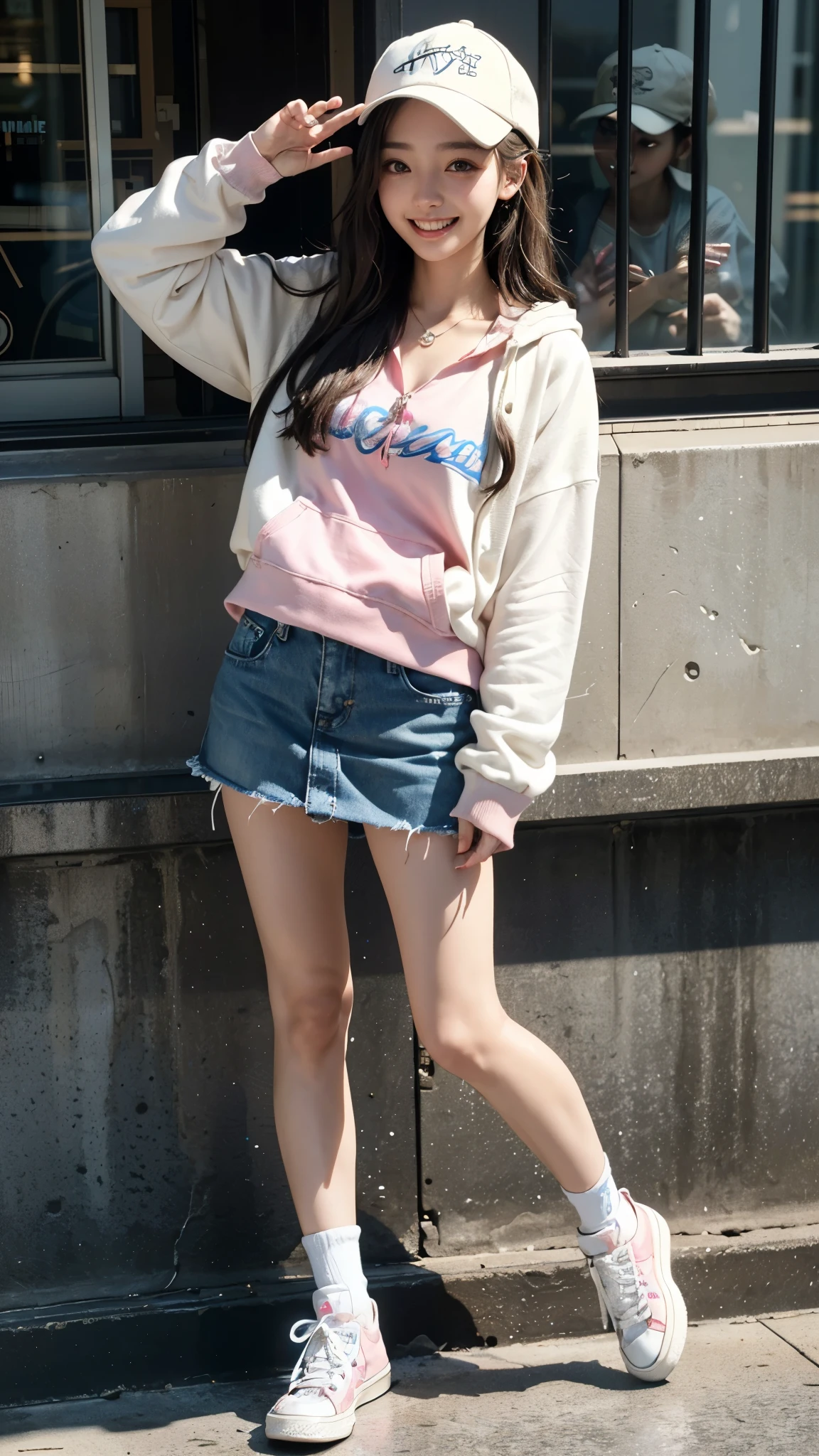 (highest quality、8k、32k、masterpiece、Hmph:1.45)、Cute Japanese Women Photos、Soft looking breasts、No bra、Ample breasts,((Shibuya))、((Street Fashion)),((Thick-soled Converse sneakers in pink)),((neweracap)),((Oversized white zip hoodie with denim mini skirt))、Face Focus、White T-shirt、necklace、From above、Looking at the audience、((I'm showing my teeth and smiling))、Dynamic Shadows、blonde、Wet shiny hair、Shine, Watery eye、