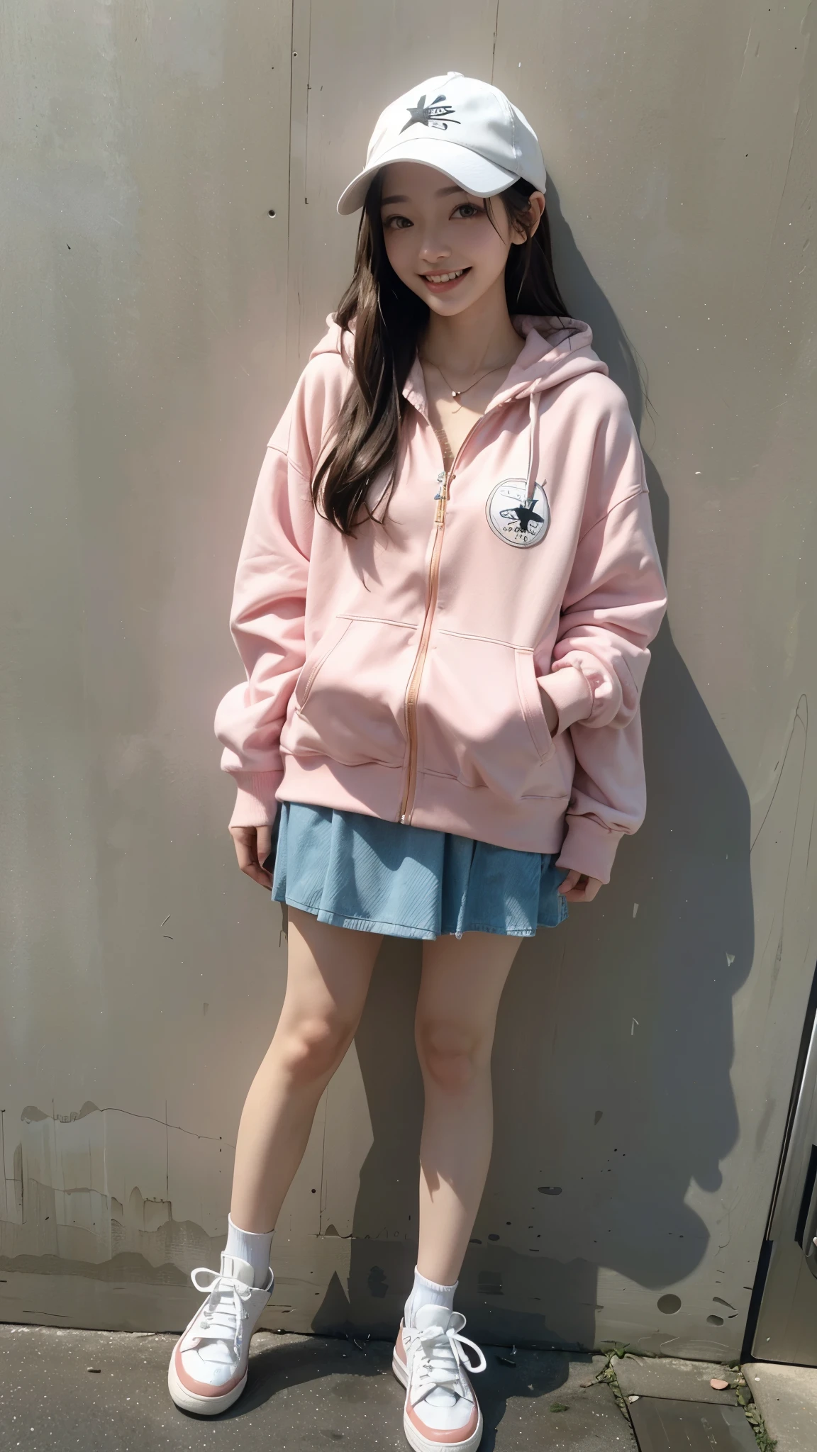 (highest quality、8k、32k、masterpiece、Hmph:1.45)、Cute Japanese Women Photos、Soft looking breasts、No bra、Ample breasts,((Shibuya))、((Street Fashion)),((Thick-soled Converse sneakers in pink)),((neweracap)),((Oversized white zip hoodie with denim mini skirt))、Face Focus、White T-shirt、necklace、From above、Looking at the audience、((I'm showing my teeth and smiling))、Dynamic Shadows、blonde、Wet shiny hair、Shine, Watery eye、