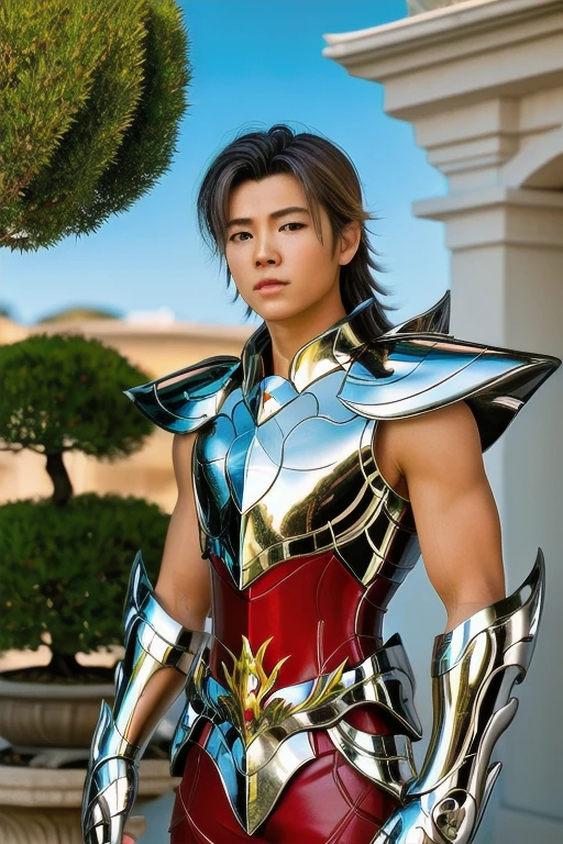 masterpiece of photorealism, photorealistic highly detailed 8k photography, best hyperrealistic quality, volumetric lighting and shadows, young man in pegasus saint_armor, wedge cut light blonde, Bonsai Gardens in Afternoon Light, Cinematic Low-Angle Shot