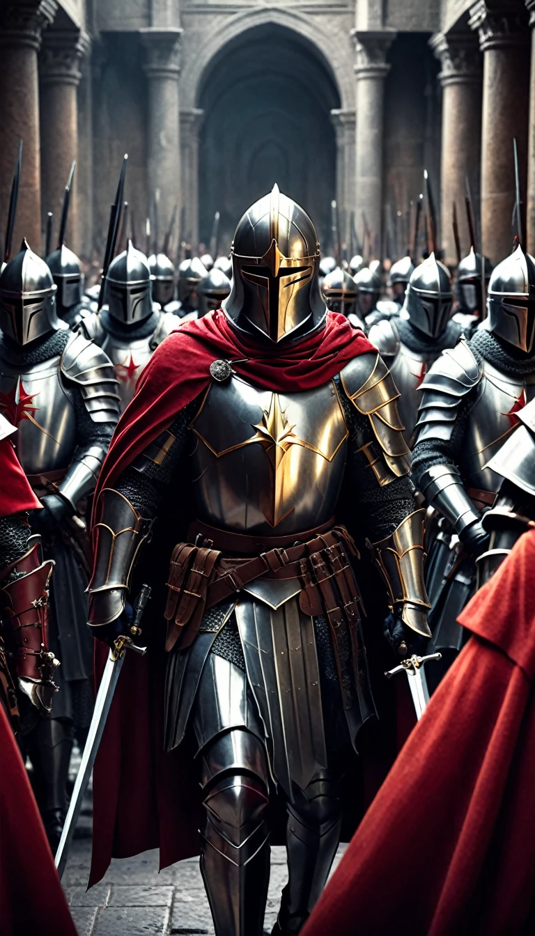 a group of knights donned in full armor and adorned with striking red capes finds themselves in the midst of a dramatic battle. Armed with powerful maschinengewehr weapons, these valiant templars face off against a horde of possessed politicians, locked in a fierce struggle for supremacy and control,
digital UHD (k) image, cinematic film still dramatic side lighting, dramatic intense stare closeup portrait,  hdr,  shallow depth of field, vignette, highly detailed, high budget Hollywood film, cinemascope, moody, epic, gorgeous
, Highly detailed and clean, Photorealistic and cinematic masterpiece, professional photography, realistic, realism, 200k , Raytracing and light effect , gold magic, gold efect, digital, perfect composition, beautiful detailed intricate insanely detailed octane render trending on artstation, 8 k artistic photography, photorealistic concept art, soft natural volumetric cinematic perfect light, award - winning photograph, masterpiece, raphael, caravaggio, greg rutkowski, beeple, beksinski, giger