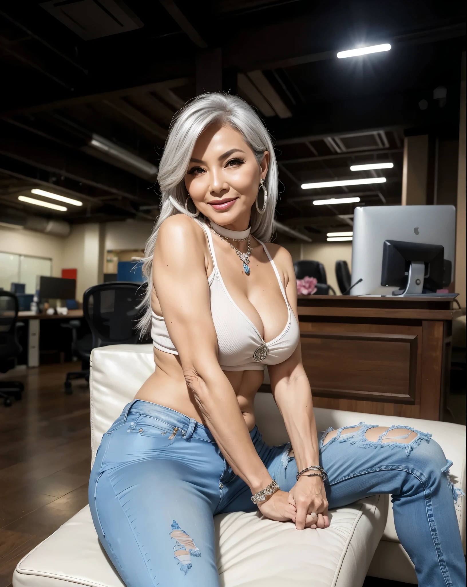 Spread your legs 75 years old Mom MILF Korean, Lady large earring Big choker navel piercing decoration A bracelet Silver Hair realisitic Gorgeous Madame Beautiful Mature Woman sexy Smile Gentle woman navel piercing 4K High quality distressed jeans Office PC machine Gorgeous Madame Beautiful Mature Woman