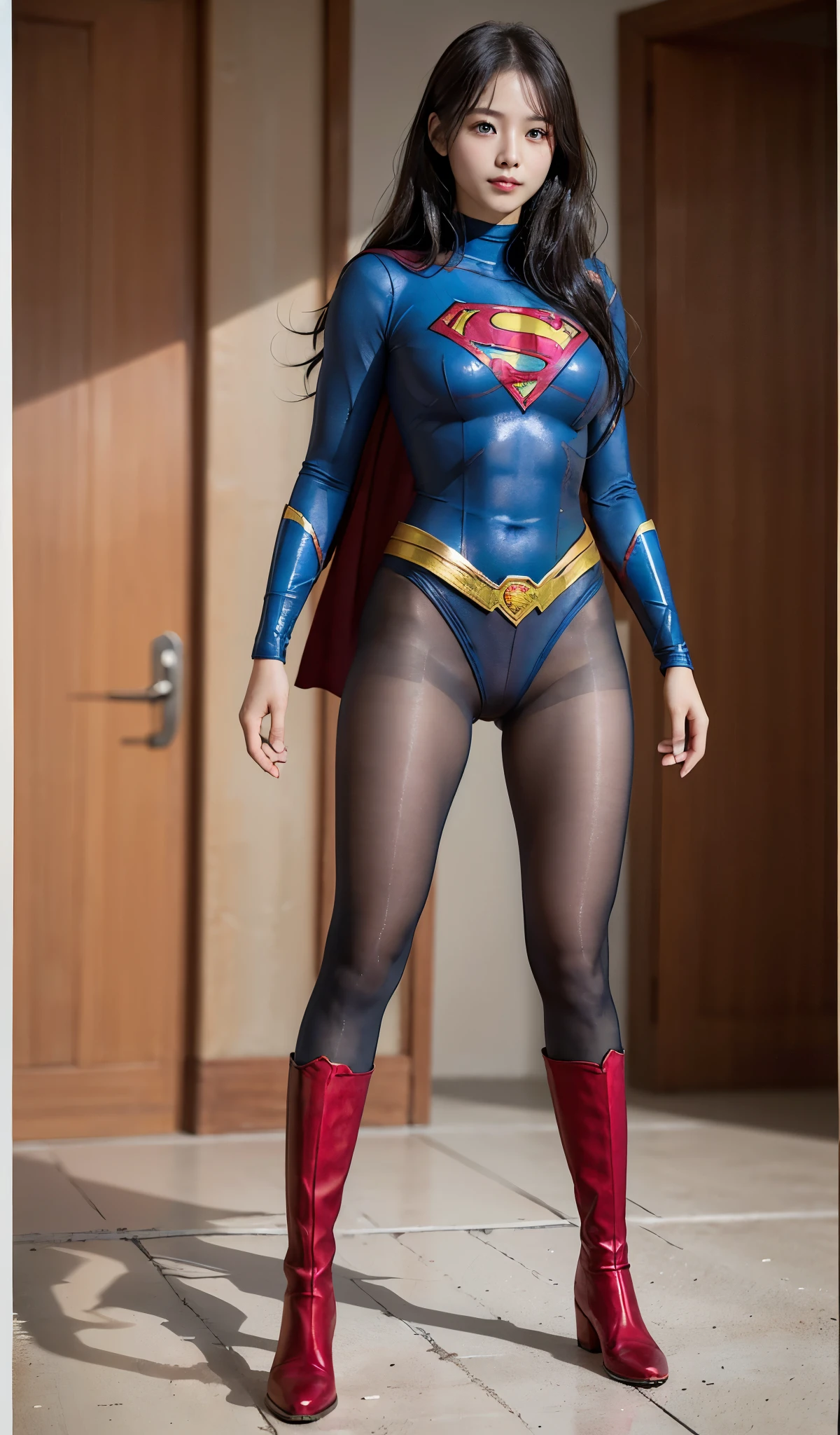 No background、(((Beautiful legs in black tights.)))、(((Legally express the beauty of your smile)))、((((Make the most of your original images)))、(((Supergirl Costume)))、(((Beautiful Hair)))、(((suffering)))、(((Please wear black tights....、Wear red boots)))、((Best image quality、8k))、((highest quality、8k、masterpiece:1.3))、(((Preserve background )))、Sharp focus:1.2、Beautiful woman with perfect figure:1.4、Slim Abs:1.2、Wet body:1.5、Highly detailed face and skin texture、8k