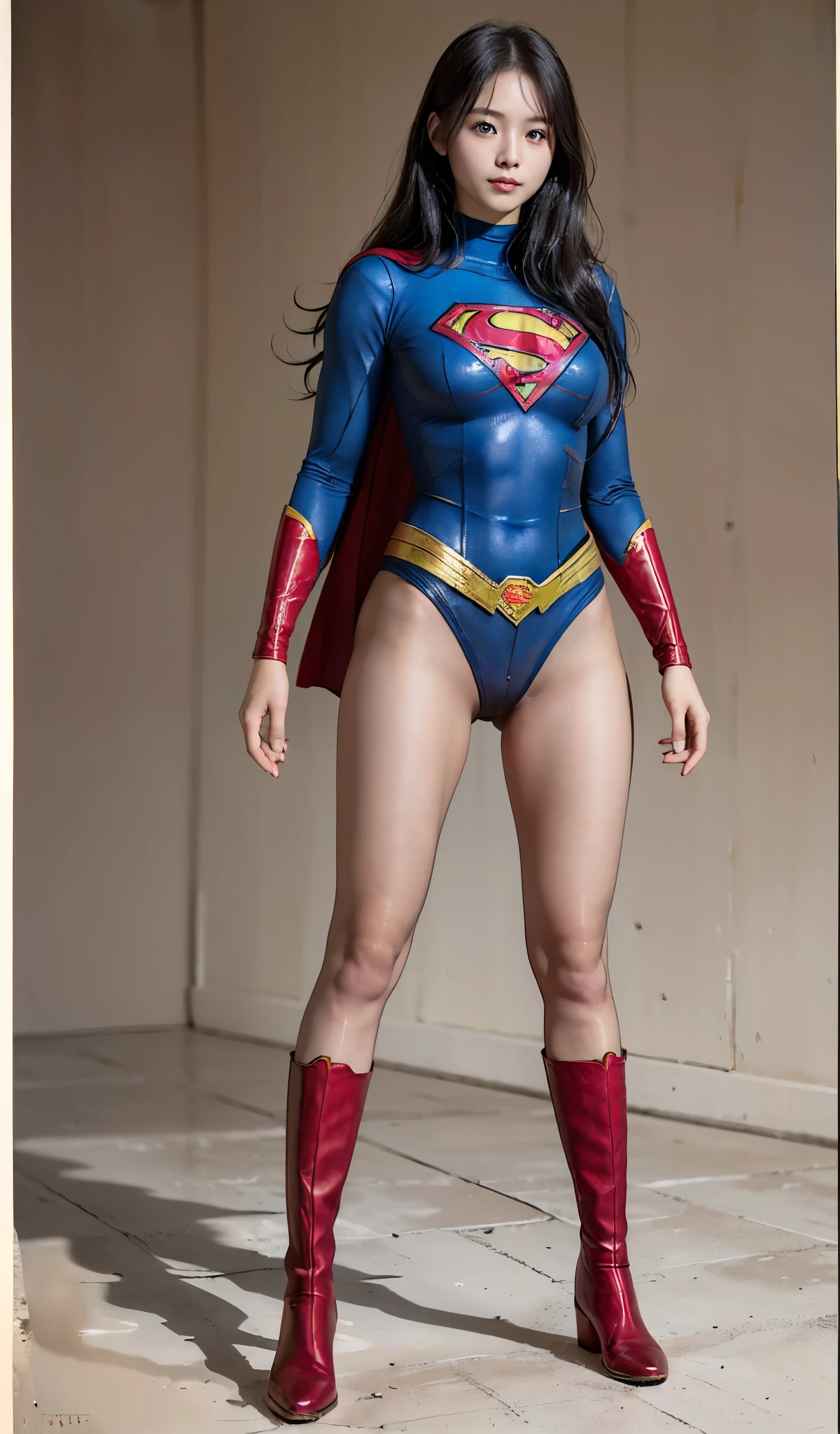 No background、(((Beautiful legs in black tights.)))、(((Legally express the beauty of your smile)))、((((Make the most of your original images)))、(((Supergirl Costume)))、(((Beautiful Hair)))、(((suffering)))、(((Please wear black tights....、Wear red boots)))、((Best image quality、8k))、((highest quality、8k、masterpiece:1.3))、(((Preserve background )))、Sharp focus:1.2、Beautiful woman with perfect figure:1.4、Slim Abs:1.2、Wet body:1.5、Highly detailed face and skin texture、8k