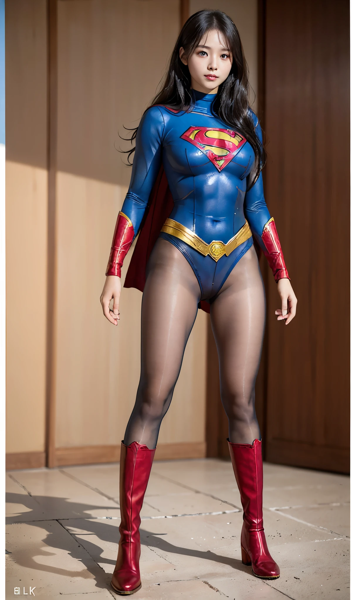No background、(((Beautiful legs in black tights.)))、(((Legally express the beauty of your smile)))、((((Make the most of your original images)))、(((Supergirl Costume)))、(((Beautiful Hair)))、(((suffering)))、(((Please wear black tights....、Wear red boots)))、((Best image quality、8k))、((highest quality、8k、masterpiece:1.3))、(((Preserve background )))、Sharp focus:1.2、Beautiful woman with perfect figure:1.4、Slim Abs:1.2、Wet body:1.5、Highly detailed face and skin texture、8k