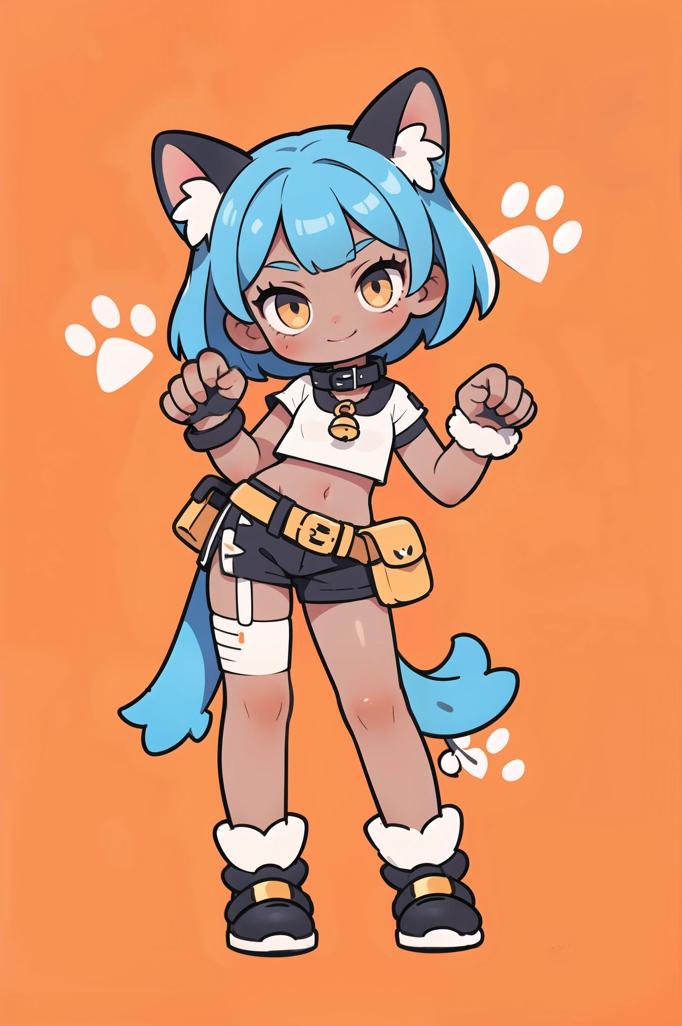 (masterpiece, best quality:1.2), solo, 1girl, sgmsfortune, dark skin, dark-skinned female, smile, looking at viewer, paw pose, bob cut, crop top, fingerless gloves, collar, bell, belt, pouch, cat tail