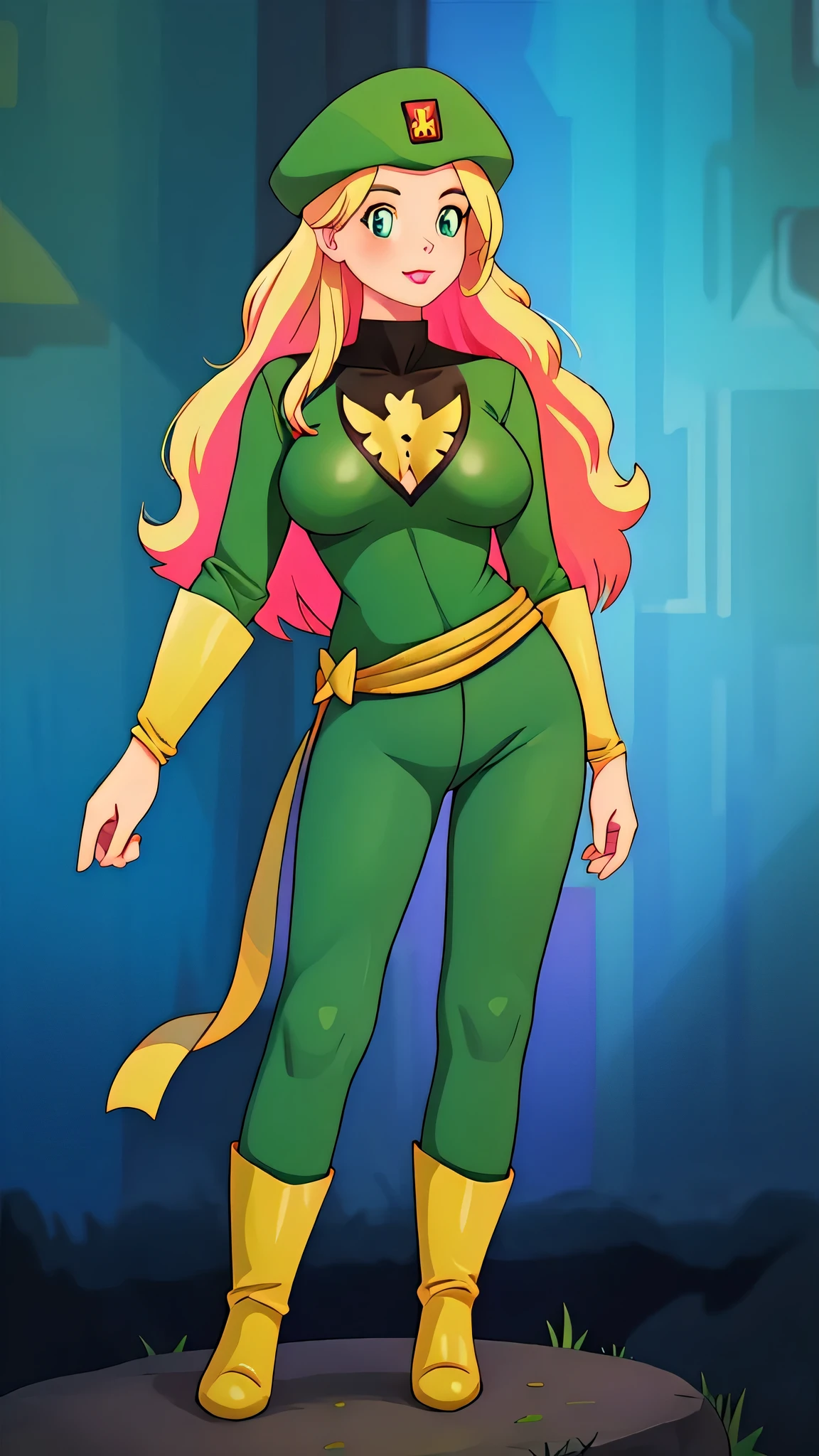 A Soviet military girl, tall, sexy, good, friendly, happy, big breast, bright blonde hair, long smooth, her blue eye, pink lip, she wears a metallic green top, a black patch on her chest, a yellow ribbon on her waist, and her pants, a big metallic green thigh, a sensual big yellow boot, wearing a black Soviet winter cap.