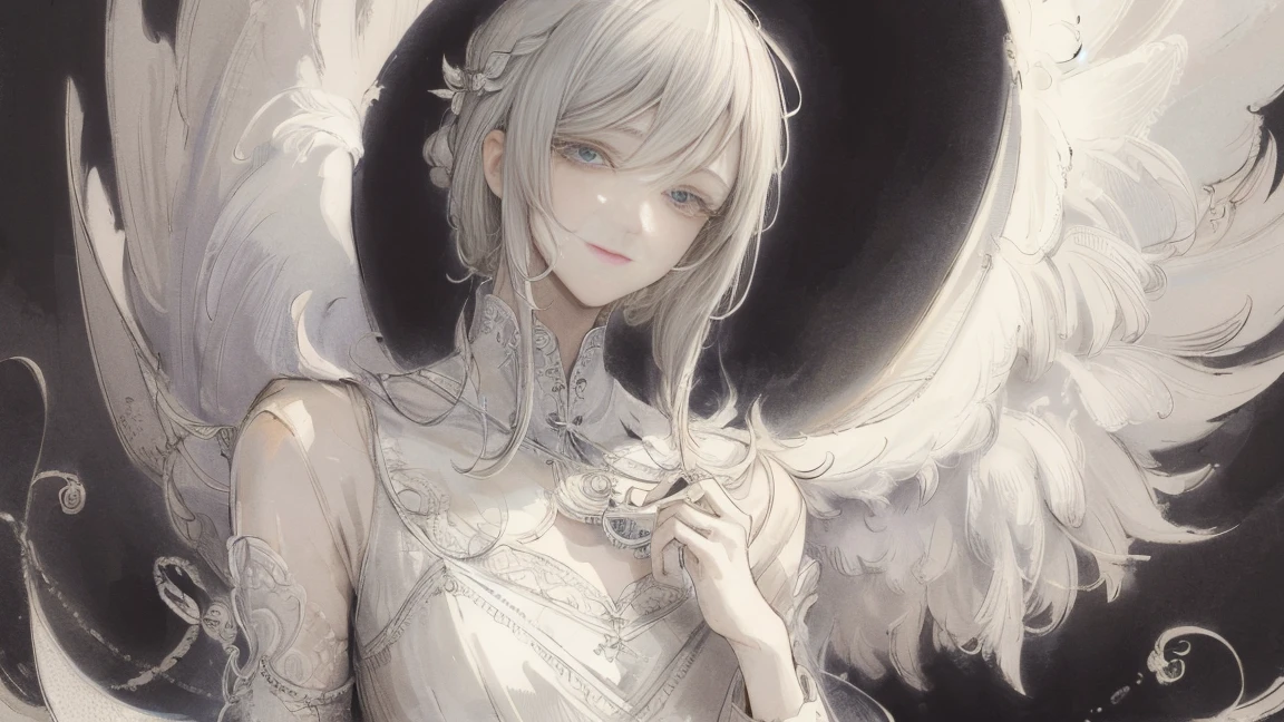 masterpiece: 1.7, highest quality、(Extremely detailed CG、Ultra-detailed、Best Shadow:1.1)、solo、Upper body、Picturesque、sketch、Paper Texture、超A high resolution、Highly detailed face、Flat Color、Highly detailed face、Realistic、Limited palette、Low contrast、angel angel god messenger、Mature Woman、Best lighting、Beautiful woman、Gray Hair、Smile a little、Blanche:1.6、(Zentangle、Mandala、Tangle、Intertwined:1)