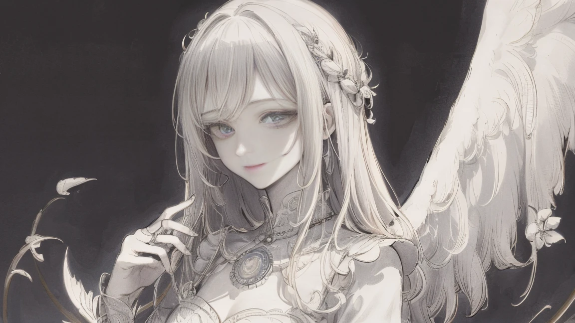 masterpiece: 1.7, highest quality、(Extremely detailed CG、Ultra-detailed、Best Shadow:1.1)、solo、Upper body、Picturesque、sketch、Paper Texture、超A high resolution、Highly detailed face、Flat Color、Highly detailed face、Realistic、Limited palette、Low contrast、angel angel god messenger、Mature Woman、Best lighting、Beautiful woman、Gray Hair、Smile a little、Blanche:1.6、(Zentangle、Mandala、Tangle、Intertwined:1)