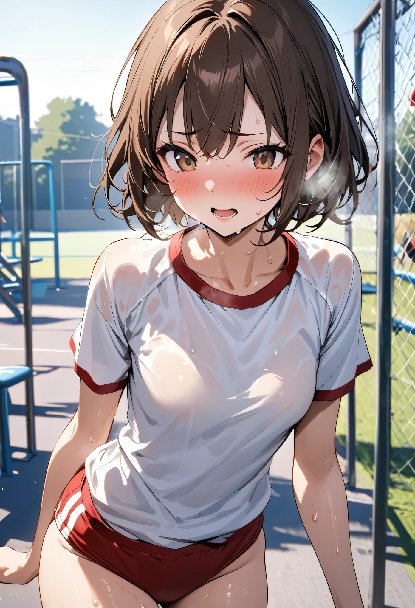 NSFW、独奏、tennis、tennisウェア、Toned body、Bare thighs、(Panty shot、White panties、Panties transparent with sweat、Mansuji)、（tennisウェア、White polo shirt、Big Breasts、White Micro Mini Skirt White、White pleated skirt White）、シャツ越しに透けたBig Breasts、(short hair、Brown Hair、Barrette、hair ornaments)、(Brown eyes:1.5)、(yuihirasawa、yui hirasawa、Yui Hirasawa)、Big Breasts、Women&#39;s High、tennisコート、独奏