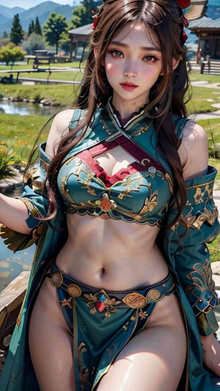 lifelike, realistic,high resolution, soft light,1 female, alone, Shiny skin, (Detailed face), plateau,blue sky,paddy,Extremely detailed,torogao, Green Hmong clothing,The figure is very thin,brown hair,high ponytail,Long curly hair,red headdress,red eyes