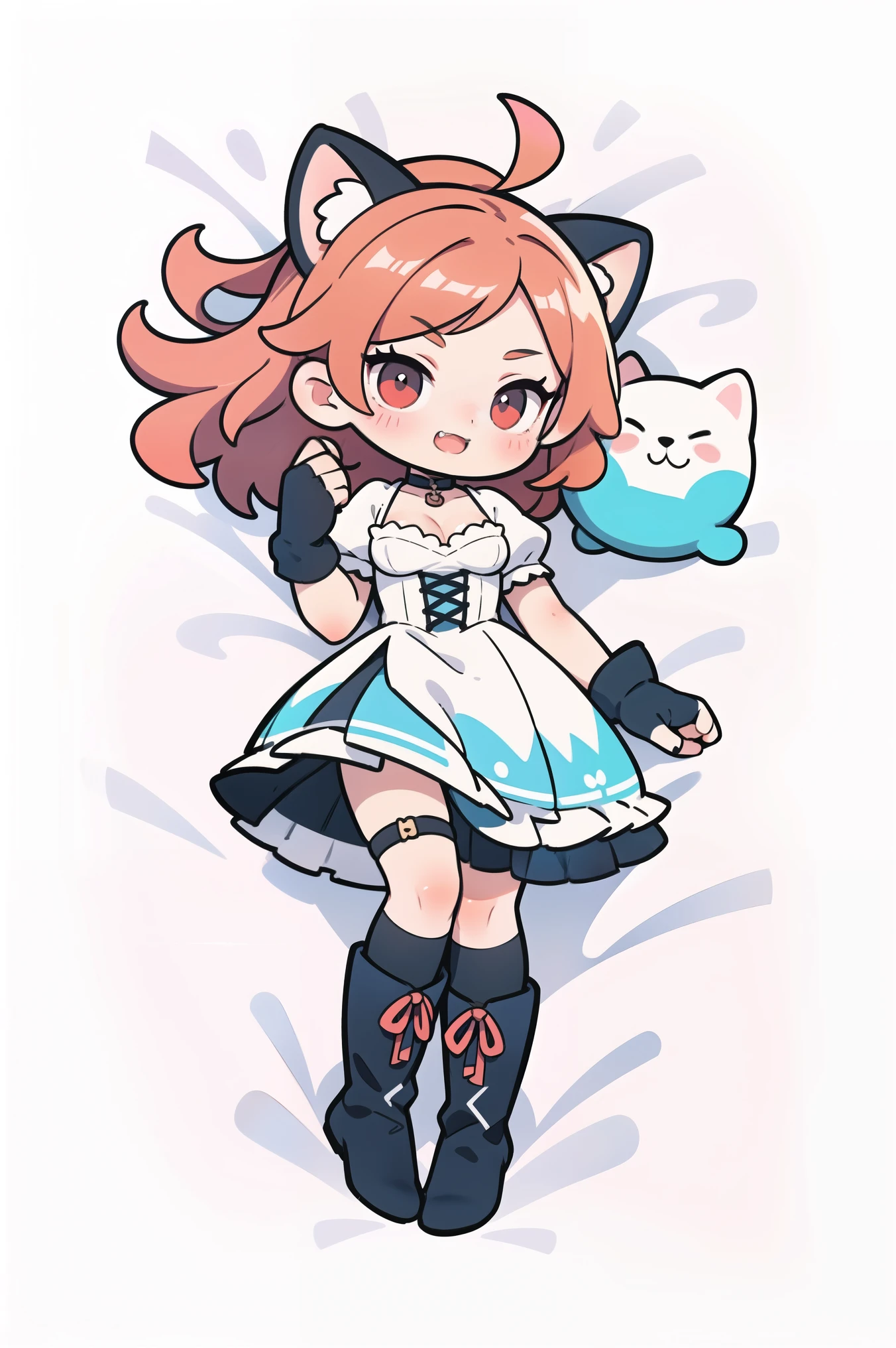 Fox girl,Cat girl,Skinny,breast reduction,lying among colorful flashes, among colorful, soft colours background, stroking own chin,reaching,arm at side,knees together feet apart,red hair,medium hair,ahoge,red eyes,White skin,evil seductive,smug, open mouth, cute anime fangs, cute anime girl fangs, cute, subtle blush, large dress,corset, large skirt,dirndl, suspender skirt,thigh strap,boots,tiara,earclip,choker,elbow gloves,fingerless gloves,gloves,Dress,Corset,View From Above,Overhead View,Red,White,Brown,Elegant,Eye Makeup, laying ,Cute, cute eyes, profile wallpaper, earclip, soft colors background, Efecto de colores alrededor, surrounded by colorful lights, pastel colors background, liying on colorful bed, colorful blankets, bed sheet background, looking at viewer