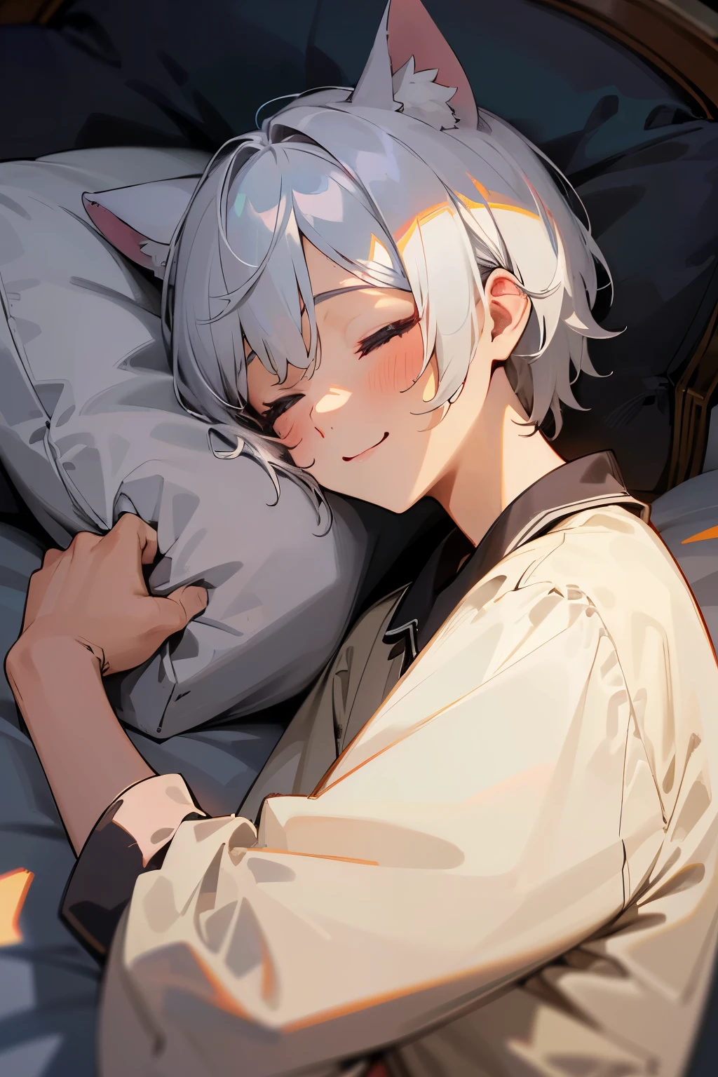 超High resolution, retina, masterpiece, Accurate, Anatomically correct, Rough skin, Very detailed, Advanced Details, high quality, Awards, 最high quality, High resolution, High resolution, 4K,(anime,8k,masterpiece, 最high quality, 最high quality,beautifully、beautiful:1.2,Professional Illustration:1.1,Very detailed:1.3,Perfect lighting),Very detailed,Most detailed,High resolution,boy,Cat ear,Silver Hair,short hair,Wicked Smile,Upper Body,pajamas,Sleeping together,bed,Open your eyes