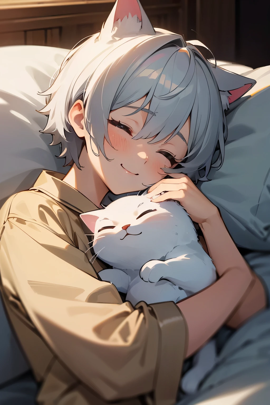 超High resolution, retina, masterpiece, Accurate, Anatomically correct, Rough skin, Very detailed, Advanced Details, high quality, Awards, 最high quality, High resolution, High resolution, 4K,(anime,8k,masterpiece, 最high quality, 最high quality,beautifully、beautiful:1.2,Professional Illustration:1.1,Very detailed:1.3,Perfect lighting),Very detailed,Most detailed,High resolution,boy，Cat ear，Silver Hair，short hair，Wicked Smile，Upper Body，pajamas，Sleeping together，bed，Open your eyes