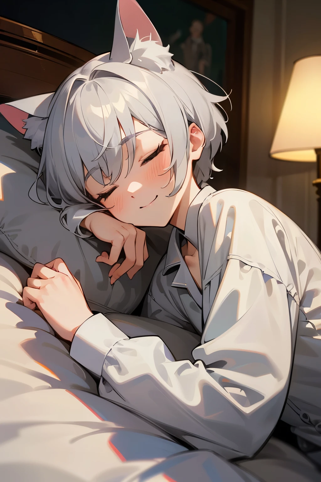 超High resolution, retina, masterpiece, Accurate, Anatomically correct, Rough skin, Very detailed, Advanced Details, high quality, Awards, 最high quality, High resolution, High resolution, 4K,(anime,8k,masterpiece, 最high quality, 最high quality,beautifully、beautiful:1.2,Professional Illustration:1.1,Very detailed:1.3,Perfect lighting),Very detailed,Most detailed,High resolution,boy,Cat ear,Silver Hair,short hair,Wicked Smile,Upper Body,pajamas,Sleeping together,bed,Open your eyes