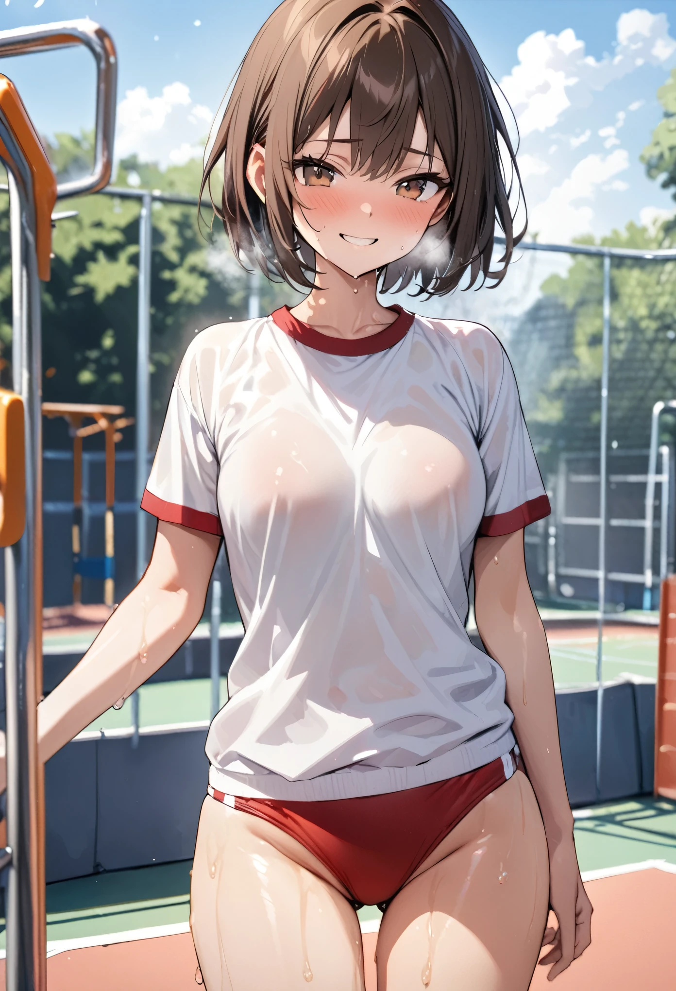 (((masterpiece, highest quality:1.2))),cowboy shot,16 year old beauty,solo,dark brown hair,short bob hair,brown eyes,blunt,skinny,medium breasts,shiny skin,oily skin,sweat,smile,Heavy breathing, BREAK school gym clothes、White short sleeve T-shirt、Red Ringer Neck, school gym red buruma、Sneakers、 BREAK standing,playground、During practice、Daytime、