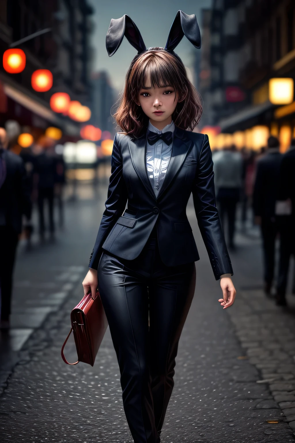 A photo of a rabbit in a neat suit, adorable face, cute expression, Perfect Anatomy, detailed rabbit's ears, focus on the peak of rabbit's ears, beautiful views, Detailed face. full body shot, night street