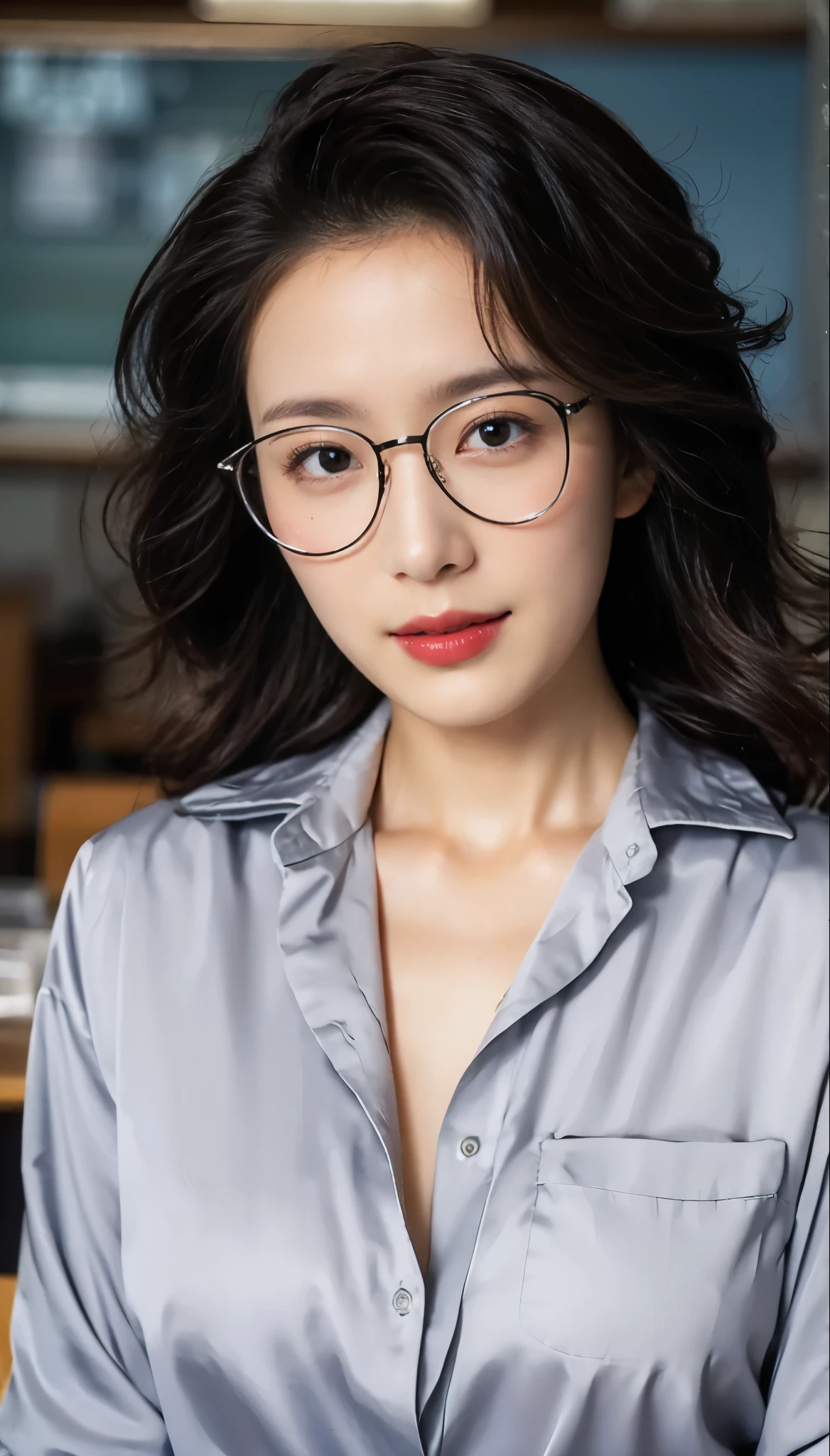 ((masterpiece, Top image quality, high resolution、solitary、radiant skin))(on the table, best quality, actual, Super detailed, meticulous, high resolution, 8k wallpaper), Close-up portrait of a beautiful woman, like, Smile, Light brown messy hair, Perfect dynamic composition, 美丽meticulous的眼睛, Like the cover of a fashion magazine, On Campus