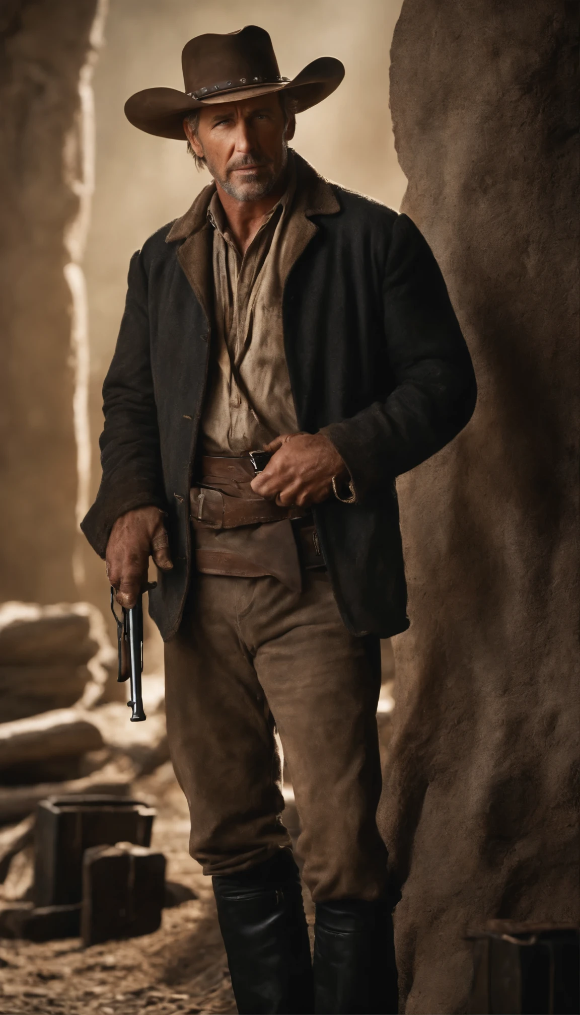 movie「Silverado」In the high definition scene of the duel scene、Kevin Costner plays a rugged frontier lawman.、movieのリアルな世界観の下で両手で巧みに銃を振り回しています。This moment when the soft natural light shines in、The intricate detail of Costner's weathered features and、It highlights the worn gunmetal of his firearm.。High resolution and exceptional image quality、movieのようなドラマを感じさせ、4K UHD capture、From the texture of film grain to the subtle nuances of Western movies、Every detail is faithfully reproduced。A closer look at young Kevin Costner's face