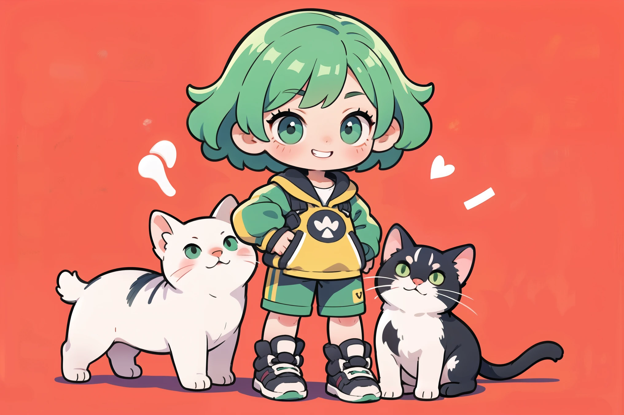 A cute and playful girl with boyish short hair, Green Hair, A big smile,, (highest quality, masterpiece, Ultra-realistic) ,Playing with cats,whole body