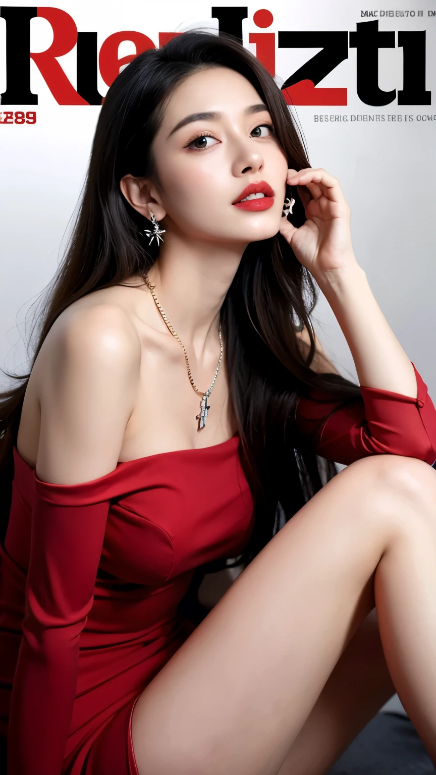 ((best quality)), ((masterpiece)), (detailed), Perfect face,girl,solo,Long hair,Looking at the audience,Black Hair,dress,Off-shoulder,Jewelry,Sitting,earrings,necklace,白色dress,Lips,perspective,make up,Lipstick,Realism,Red lips,珍珠necklace,magazine cover,perspectivedress