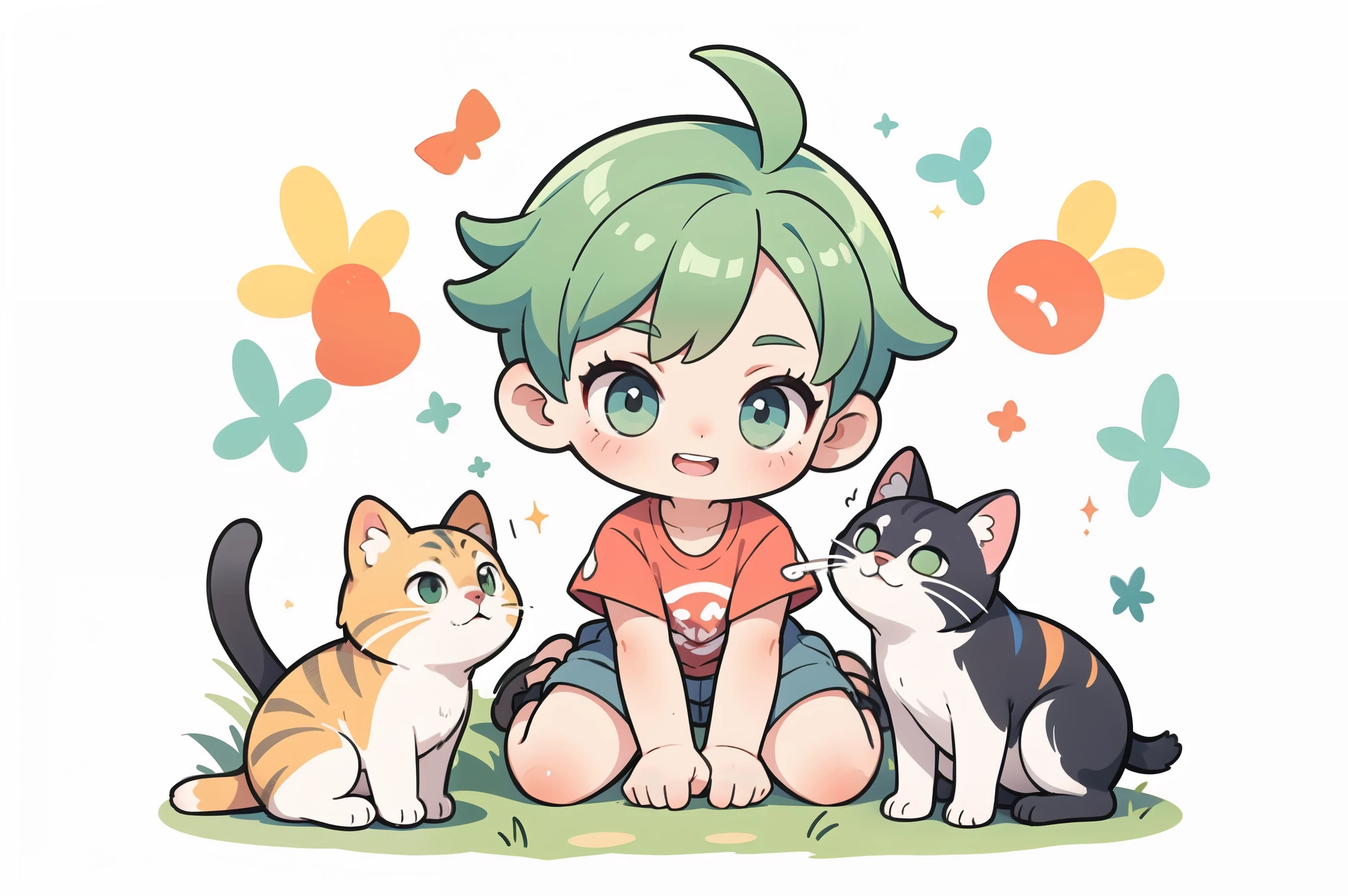 A cute and playful girl with boyish short hair, Green Hair, A big smile,, (highest quality, masterpiece, Ultra-realistic) ,Playing with cats,whole body