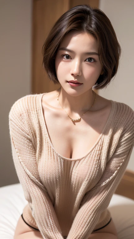 (highest quality, 8k, 32k, masterpiece, Ultra-high resolution:1.2),Beautiful Japanese Women Photos, Big Breasts, Very short bob hair,Upper Body,Face Focus,Extra Large_sweater, necklace, Simple Background, From above, View your viewers,