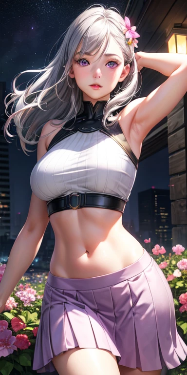 realistic, 1 girl, gray hair, purple eyes, shining eyes, crop top, skirt, parted lips, blush, night, flowers, sun, sunlight,