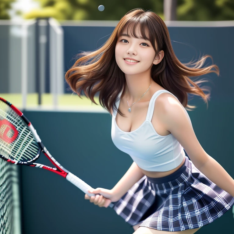 リアルな写真image quality、8kimage quality、20Year-old idol playing tennis, A girl playing tennis, Tennis Wear, She is wearing a white top and a grey checked skort、Beautiful Japanese Women, Japanese Model, Detailed and beautiful eyes、Cute Smile、Soft and gentle expression、looking at the camera