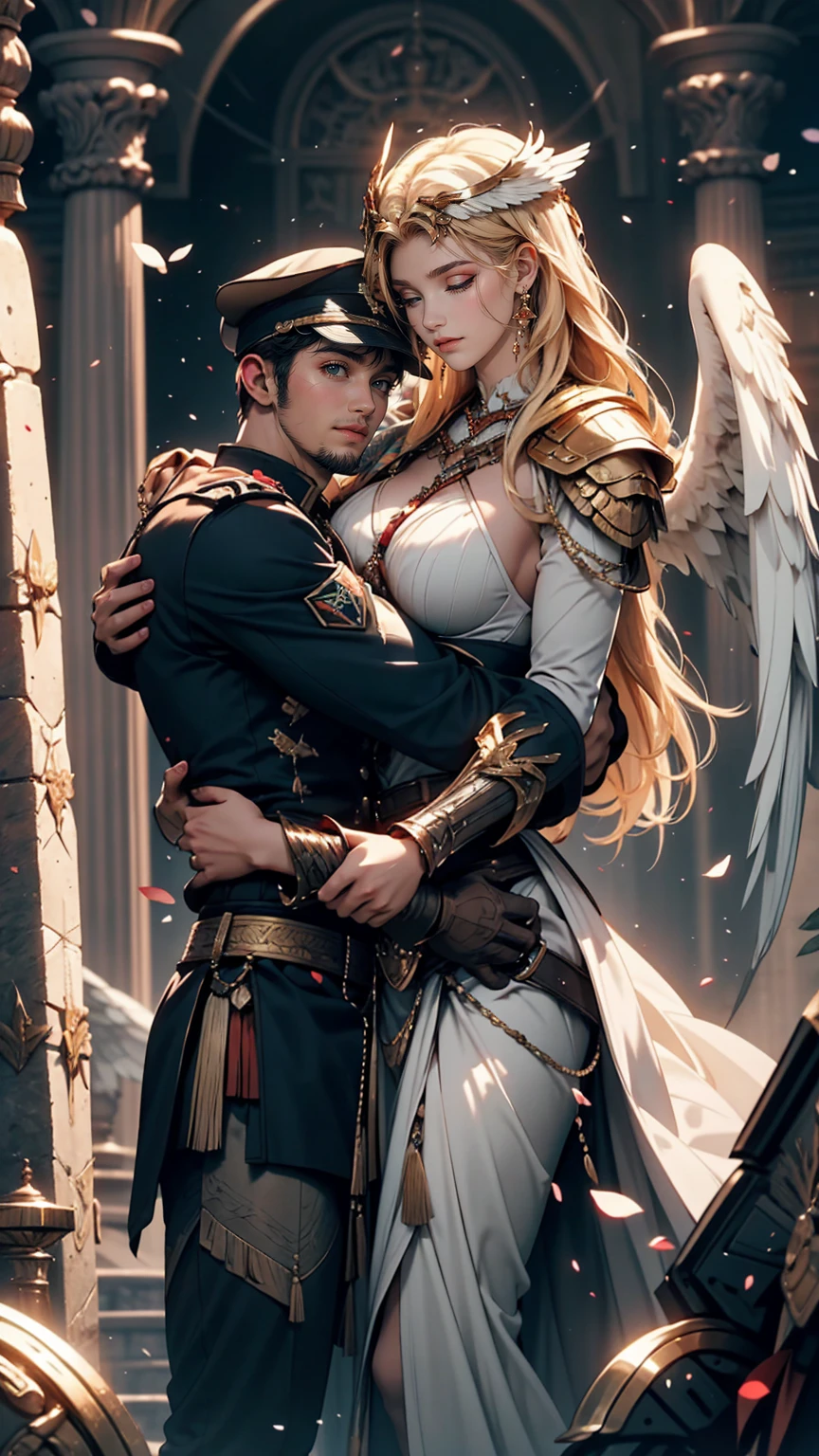 Wide-angle, full length, a (stunningly beautiful Valkyrie) holding a sleeping male soldier dressed in modern war-gear in her arms, flying into Valhalla, after (glorious combat, amazing), can't believe it, awe, beautiful, highly detailed, well drawn face features, highest quality, Sacred, prismatic analogous colors, dynamic composition, delicate, cinematic lighting, Majestic, Impressive scene, sharp and crisp image, ultra realistic, (petals in the air)