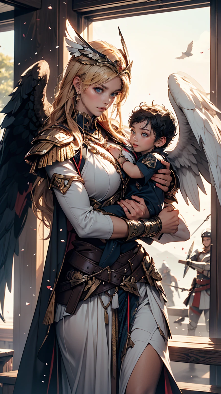 Wide-angle, full length, a (stunningly beautiful Valkyrie) holding a sleeping male soldier dressed in modern war-gear in her arms, flying into Valhalla, after (glorious combat, amazing), can't believe it, awe, beautiful, highly detailed, well drawn face features, highest quality, Sacred, prismatic analogous colors, dynamic composition, delicate, cinematic lighting, Majestic, Impressive scene, sharp and crisp image, ultra realistic, (petals in the air)