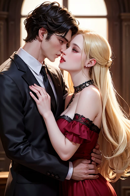 A dark hair very hsndsome fashionable man with red eyes and fangs wearing European clothing touching a beautiful girls neck girl hair is curly diry blonde rosy cheeks and green eyes both looking at each other about to kiss close standing position