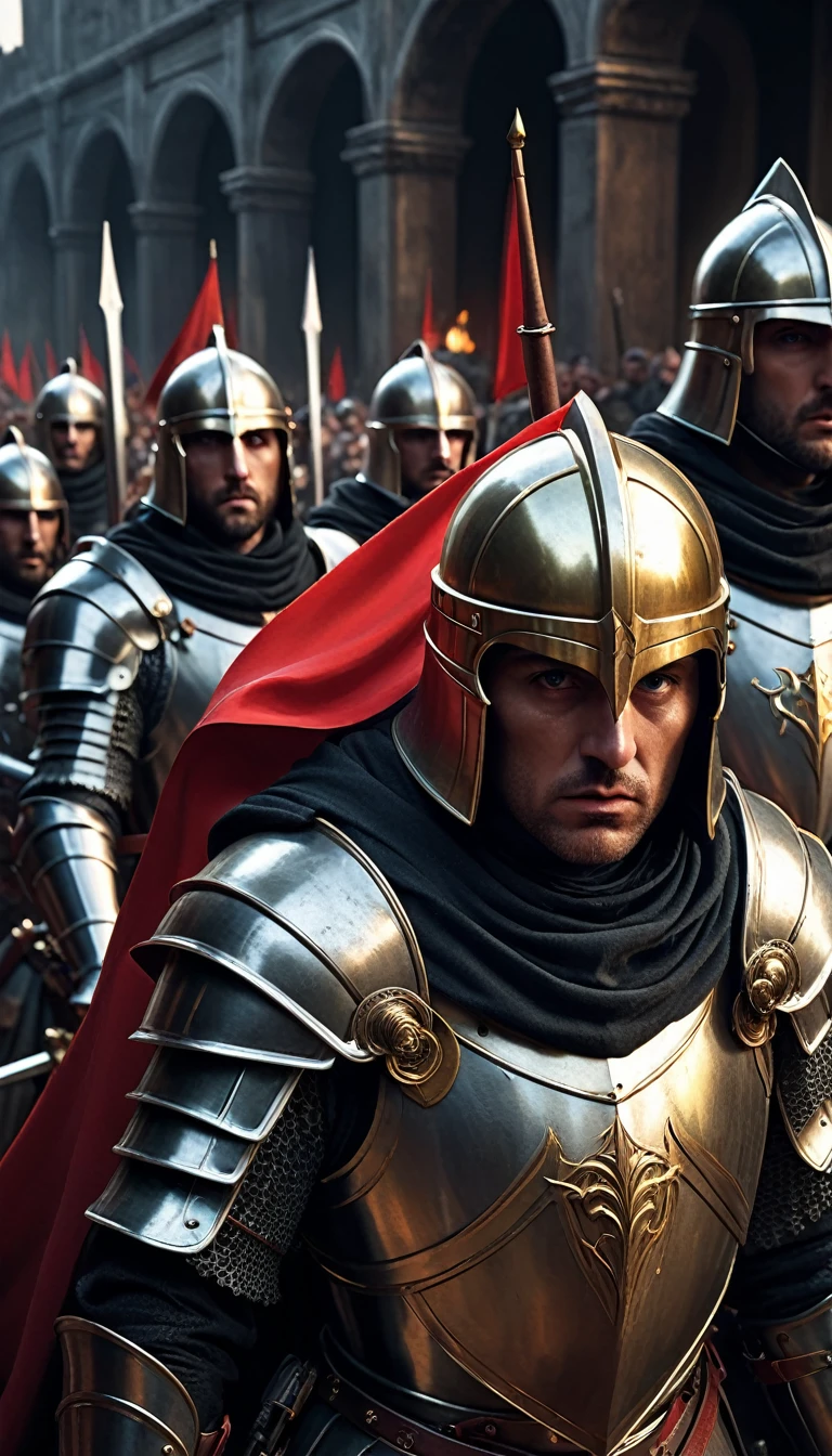 a group of knights donned in full armor and adorned with striking red capes finds themselves in the midst of a dramatic battle. Armed with powerful maschinengewehr weapons, these valiant templars face off against a horde of possessed politicians, locked in a fierce struggle for supremacy and control,
digital UHD (k) image, cinematic film still dramatic side lighting, dramatic intense stare closeup portrait,  hdr,  shallow depth of field, vignette, highly detailed, high budget Hollywood film, cinemascope, moody, epic, gorgeous
, Highly detailed and clean, Photorealistic and cinematic masterpiece, professional photography, realistic, realism, 200k , Raytracing and light effect , gold magic, gold efect, digital, perfect composition, beautiful detailed intricate insanely detailed octane render trending on artstation, 8 k artistic photography, photorealistic concept art, soft natural volumetric cinematic perfect light, award - winning photograph, masterpiece, raphael, caravaggio, greg rutkowski, beeple, beksinski, giger