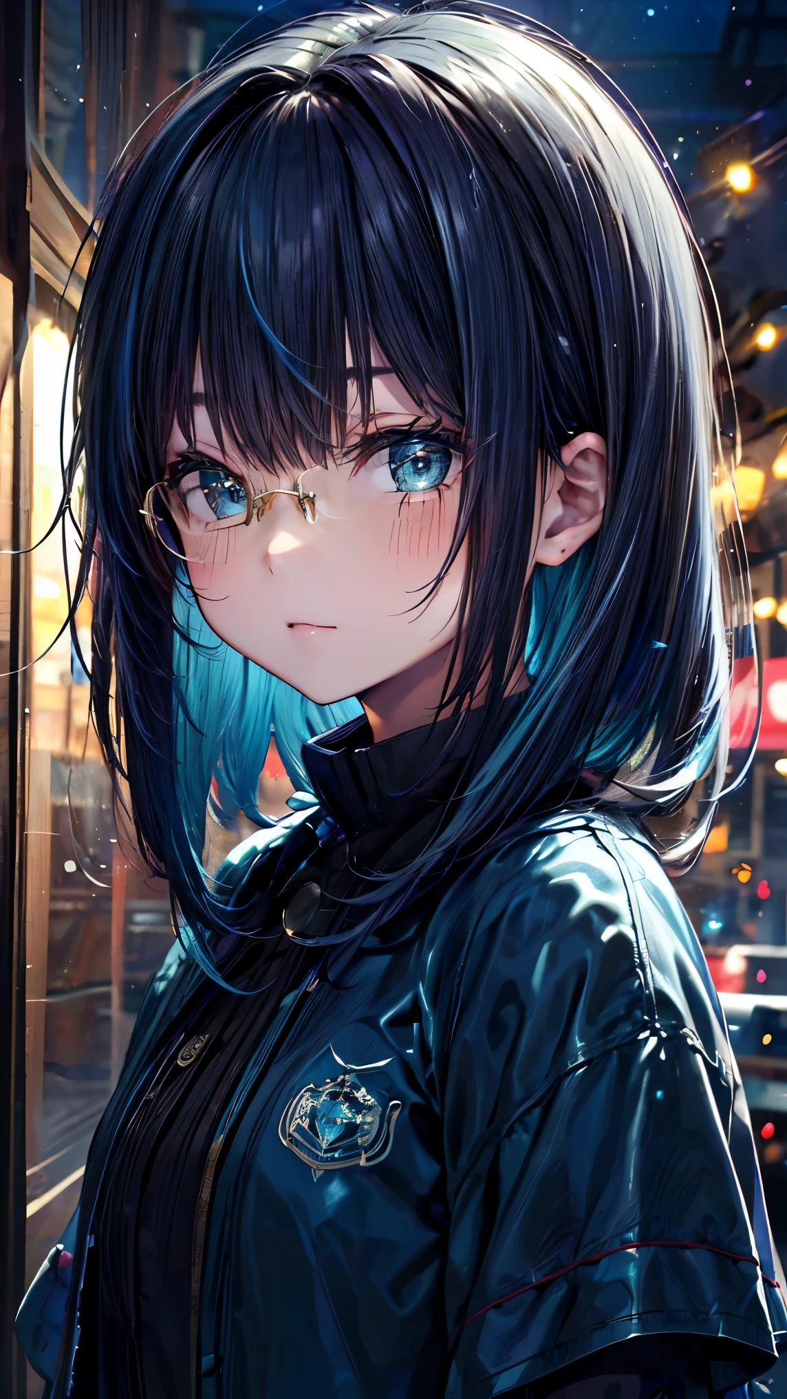 Adult Women、Luminescent Blue、黒Luminescent Blue、、((((Dark blue straight hair))))、Cute Design&#39;Glasses、uniform、(Background Library)、(((Royal Magical Library)))librarian、Glasses available