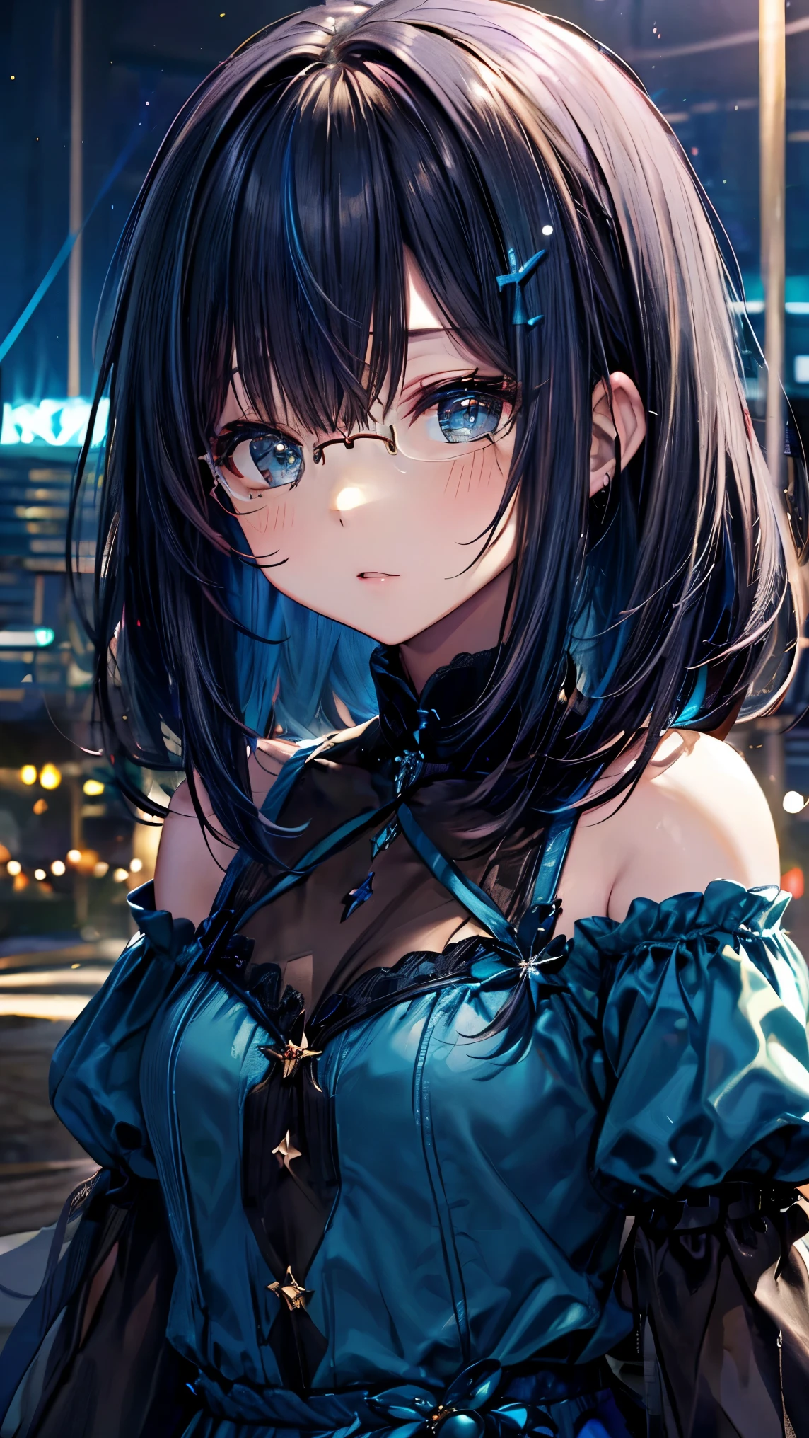 Adult Women、Luminescent Blue、黒Luminescent Blue、、((((Dark blue straight hair))))、Cute Design&#39;Glasses、uniform、(Background Library)、(((Royal Magical Library)))librarian、Glasses available