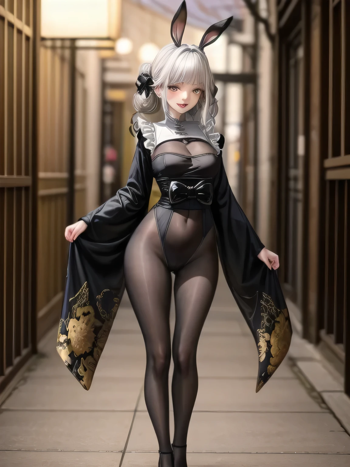 (extremely detailed CG, best quality:1.1), masterpiece, 1girl, perfect face, bright pupils, (finely detailed beautiful eyes:1.1), shiny skin, lustrous skin, wide hips, narrow waist, double bun, (detailed black rabbit's ears hair ornament:1.2), (focus on the peak of rabbit's ears hair ornament:1.2), yellow eye, Japanese clothes, black kimono, black high heels, pantyhose, black bodystocking, bow, elbow gloves, :d ,full body shot