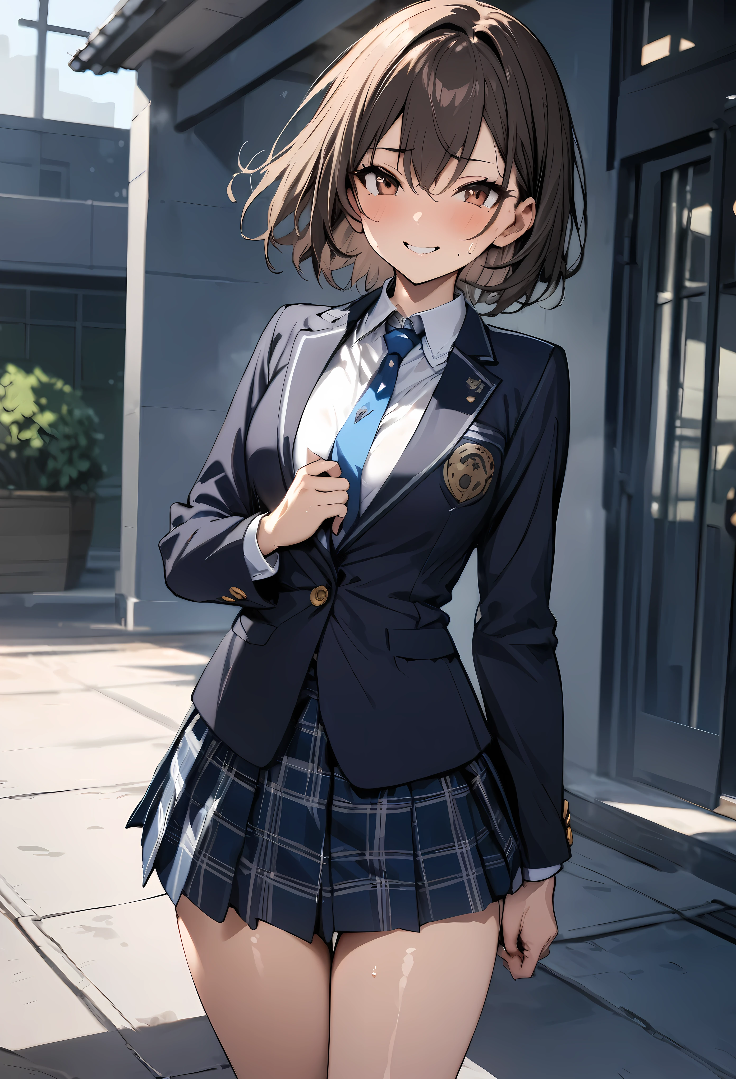 (((masterpiece, highest quality:1.2))),cowboy shot,16 year old beauty,solo,dark brown hair,short bob hair,brown eyes,blunt,skinny,medium breasts,shiny skin,oily skin,sweat,smile, BREAK Wearing 、Navy blue blazer、Blue tie、Navy blue checkered pleated mini skirt、 BREAK ,standing,School building、Daytime、