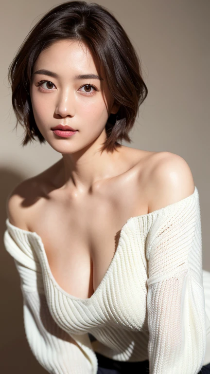 (highest quality, 8k, 32k, masterpiece, Ultra-high resolution:1.2),Beautiful Japanese Women Photos, Big Breasts, Very short bob hair,Upper Body,Face Focus,Extra Large_sweater, necklace, Simple Background, From above, View your viewers,