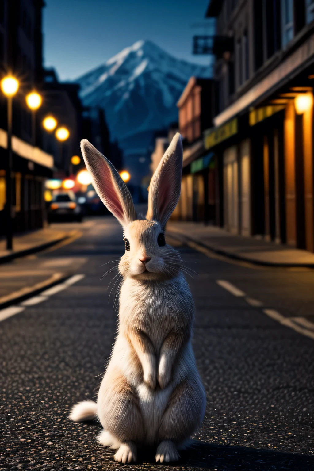 A photo of a rabbit in a neat dress, adorable face, cute expression, Perfect Anatomy, detailed rabbit's ears, focus on the peak of rabbit's ears, beautiful views, Detailed face. full body shot, night street