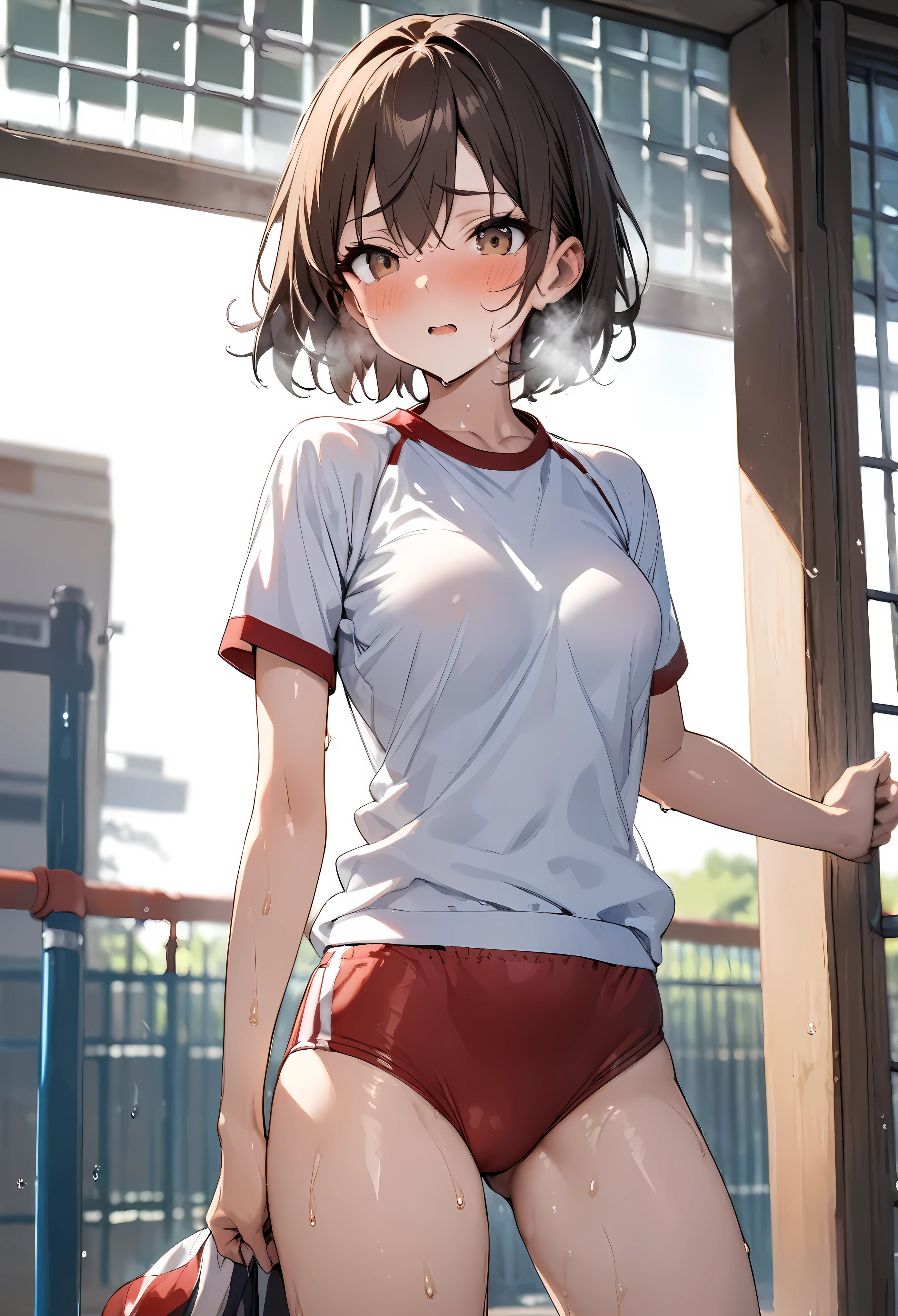 (((masterpiece, highest quality:1.2))),cowboy shot,16 year old beauty,solo,dark brown hair,short bob hair,brown eyes,blunt,skinny,medium breasts,shiny skin,oily skin,sweat,Heavy breathing, BREAK school gym clothes、White short sleeve T-shirt、Red Ringer Neck, school gym red buruma、Sneakers、 BREAK ,Run、Schoolyard、During practice、Daytime、