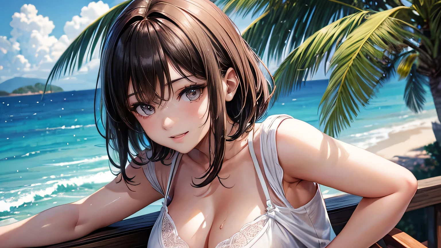 smile、Voluptuous body、woman、Beautiful brown hair、Straight Short Hair,Stylish and cute white clothes,Ripped jeans,Clothes that are wet from the rain and slightly transparent,Wet Hair,rain,Weather,Ultra-high resolution, Accurate, Super detailed, Textured skin, High detail, highest quality, 8k, Detailed Hair,Detailed eyes,Focus on the face,Depict the figure from the waist up,Rainy coast,Palm tree,