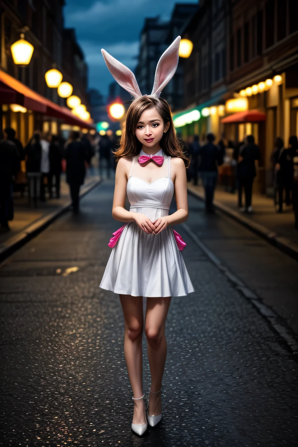 A photo of a rabbit in a neat dress, adorable face, cute expression, Perfect Anatomy, detailed rabbit's ears, focus on the peak of rabbit's ears, beautiful views, Detailed face. full body shot, night street